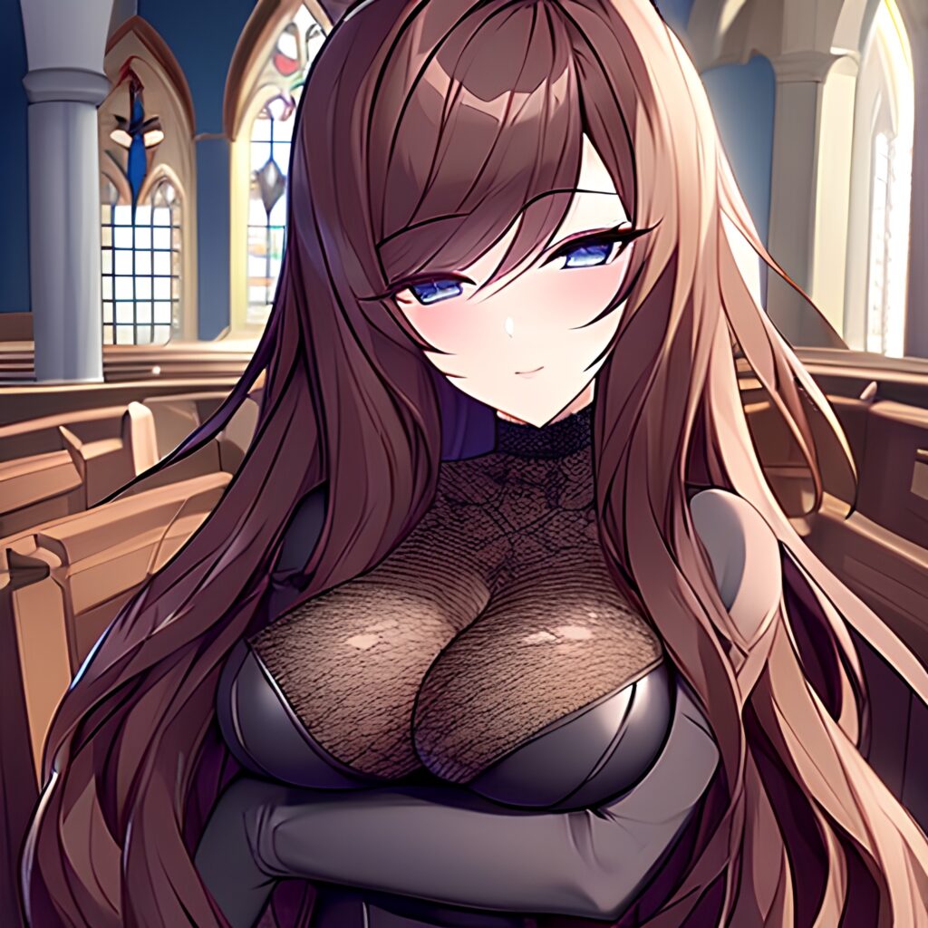 woman long hair messy hair brunette church fishnet