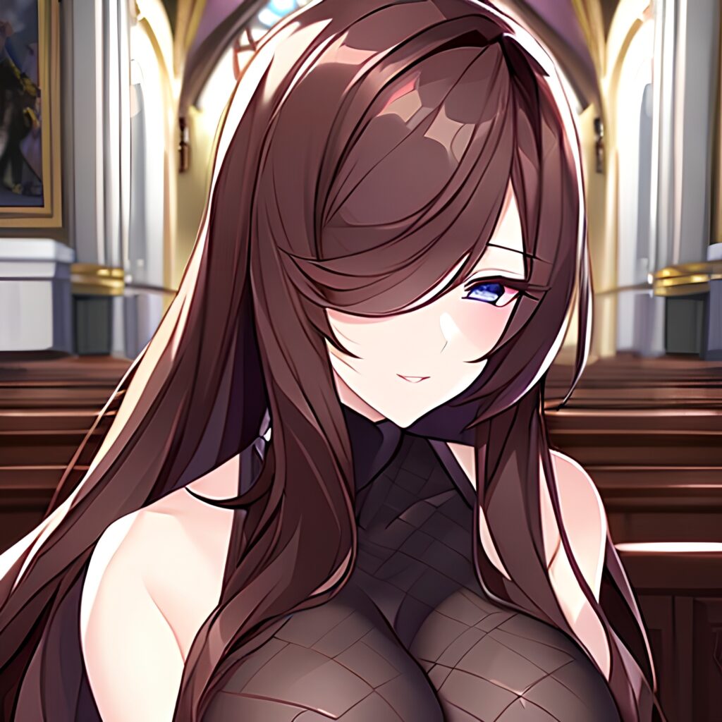 woman long hair messy hair brunette fishnet church 