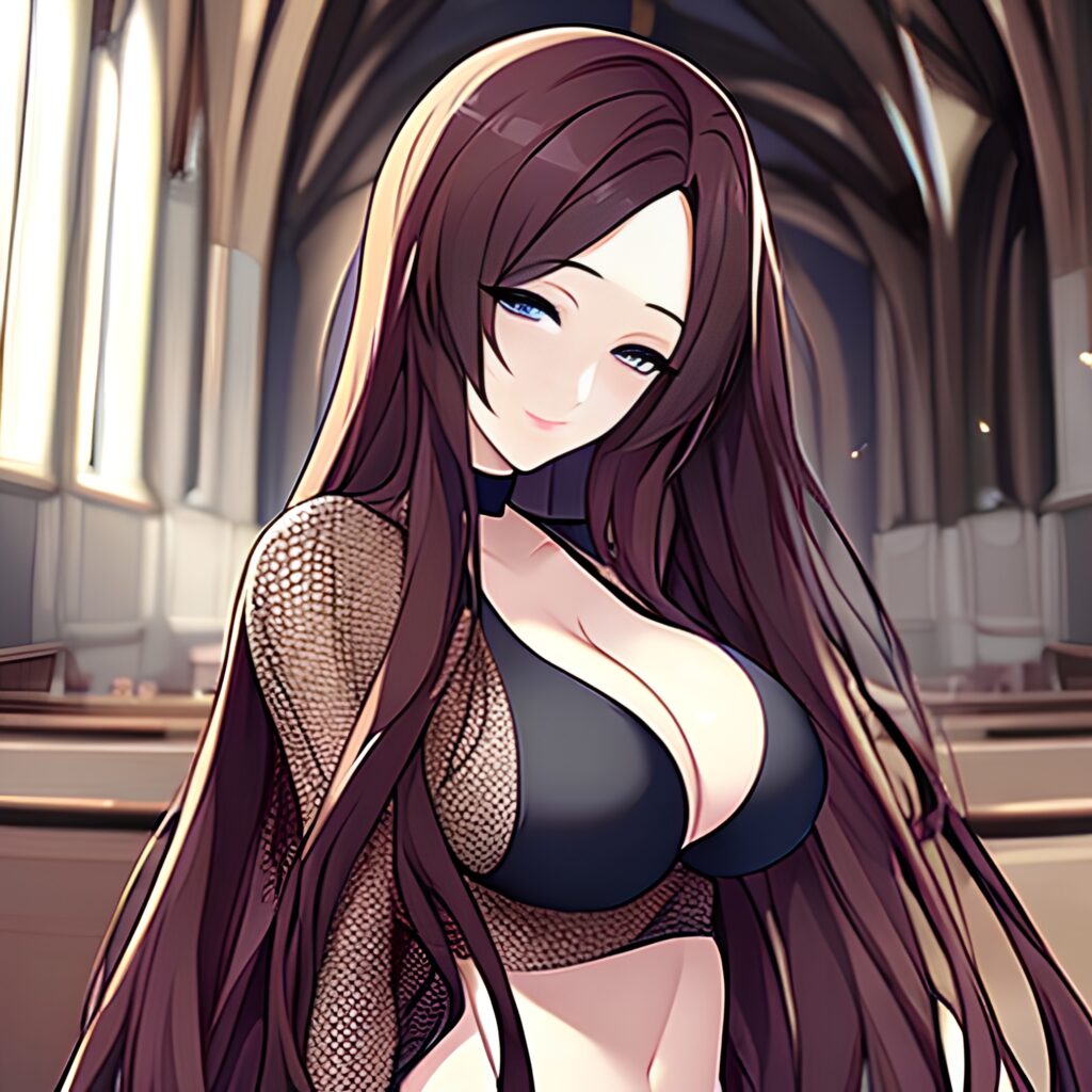 woman long hair messy hair brunette fishnet church 