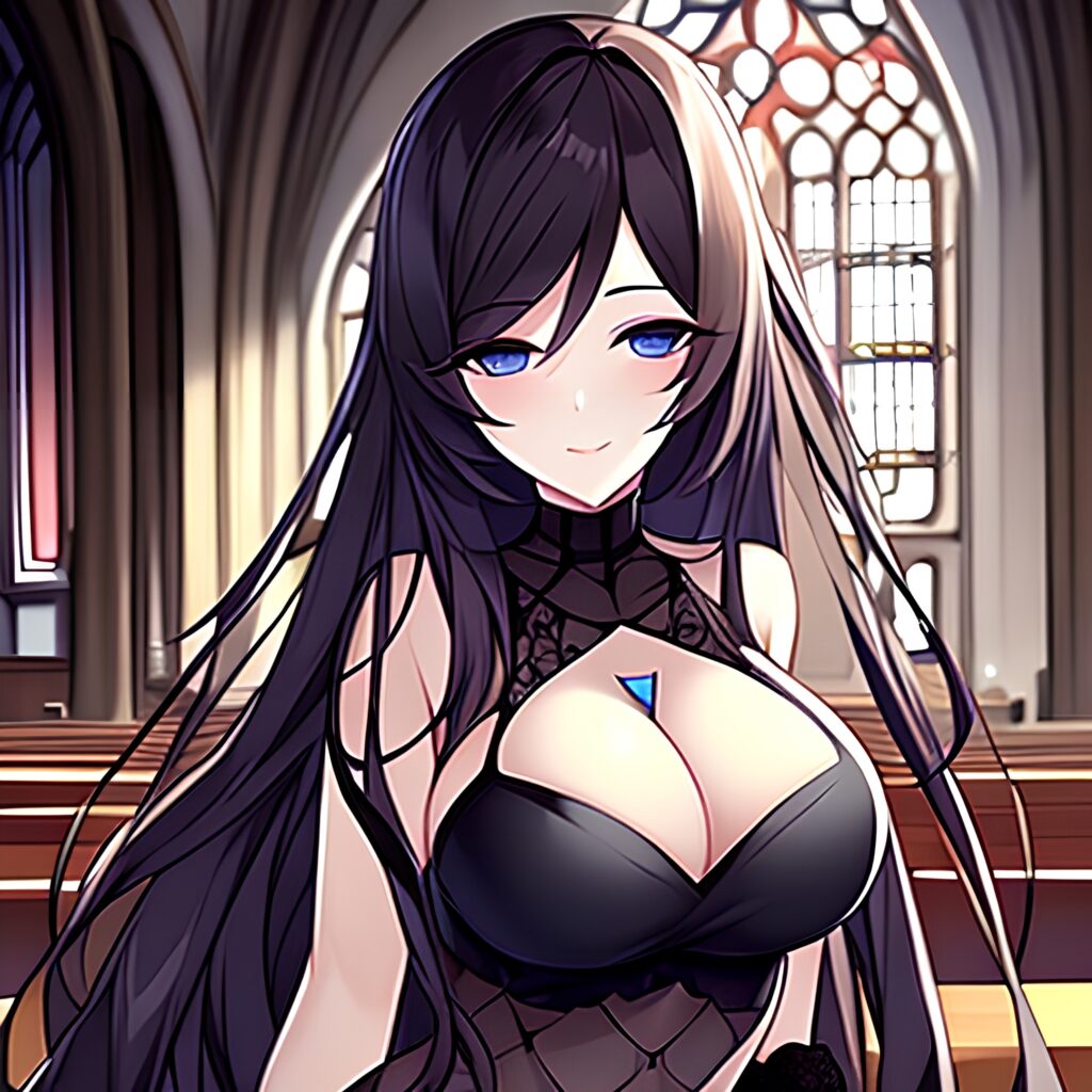 woman long hair messy hair church brunette fishnet