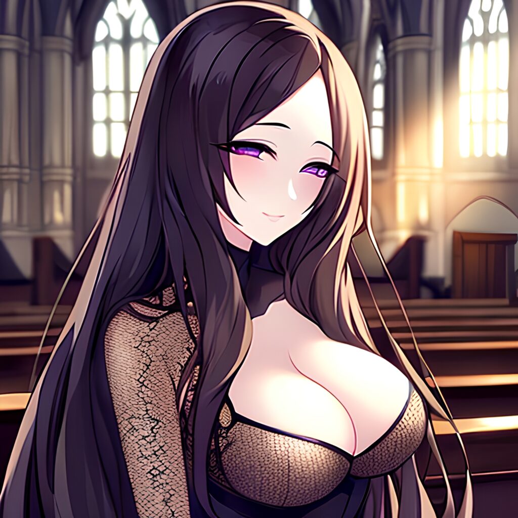 woman long hair messy hair church brunette fishnet