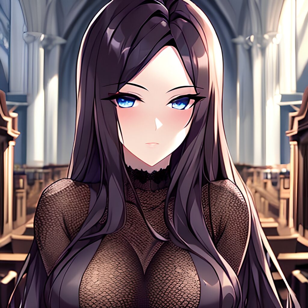 woman long hair messy hair church brunette fishnet