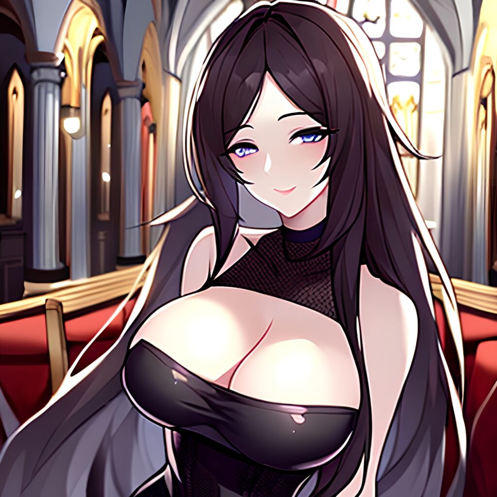 woman long hair messy hair church fishnet brunette