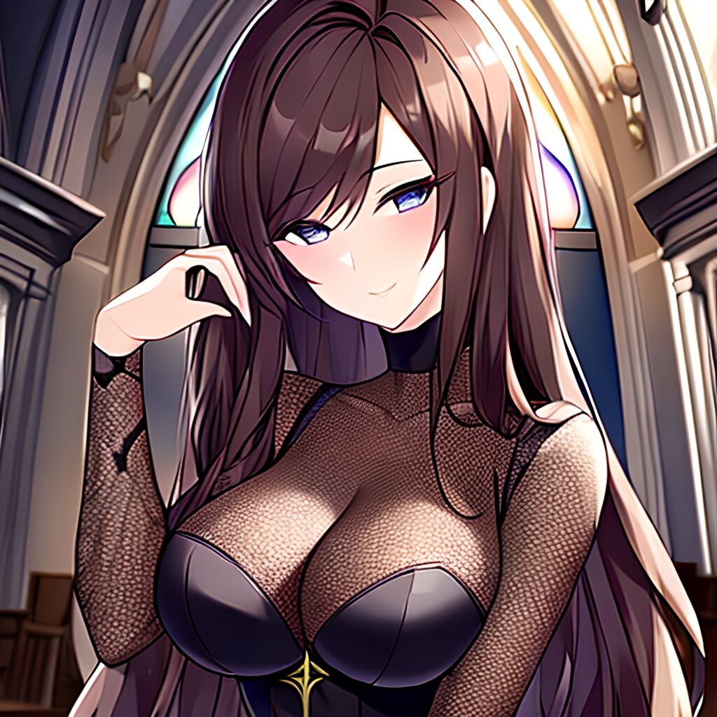woman long hair messy hair church fishnet brunette