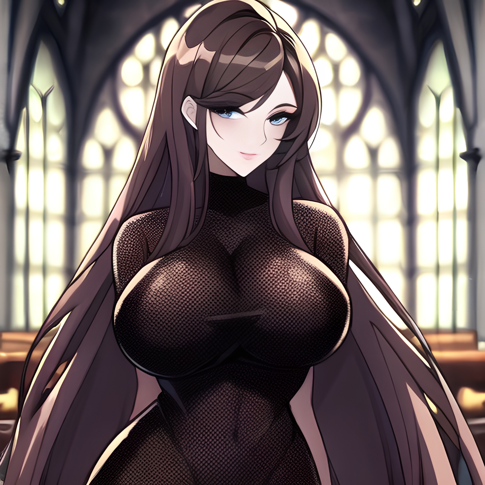 woman long hair messy hair fishnet church brunette