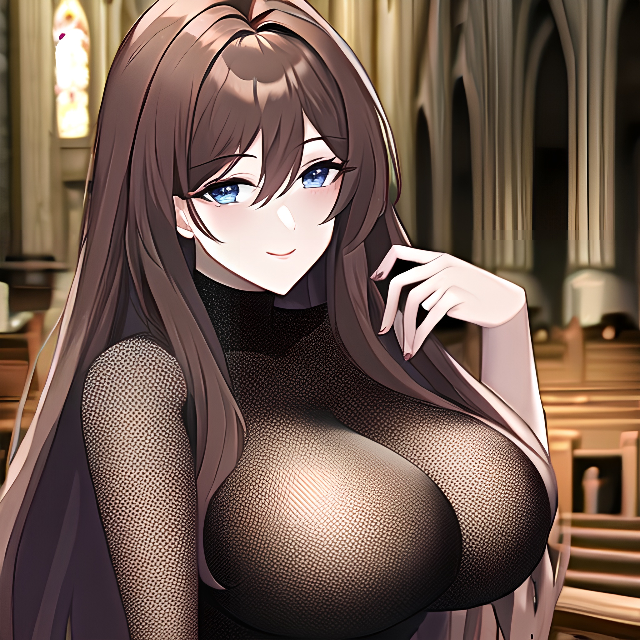 woman messy hair brunette church fishnet long hair 