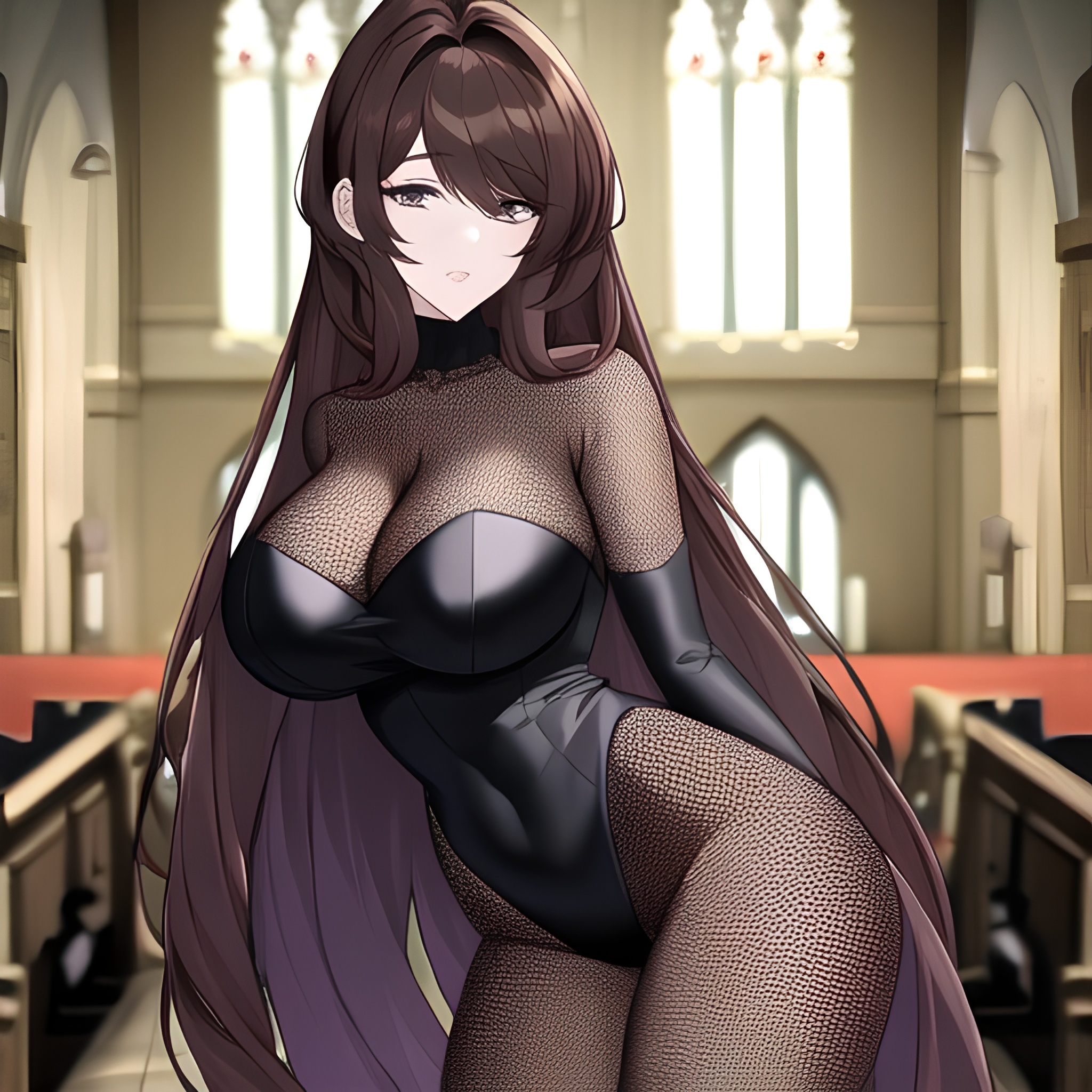 woman messy hair brunette church long hair fishnet 