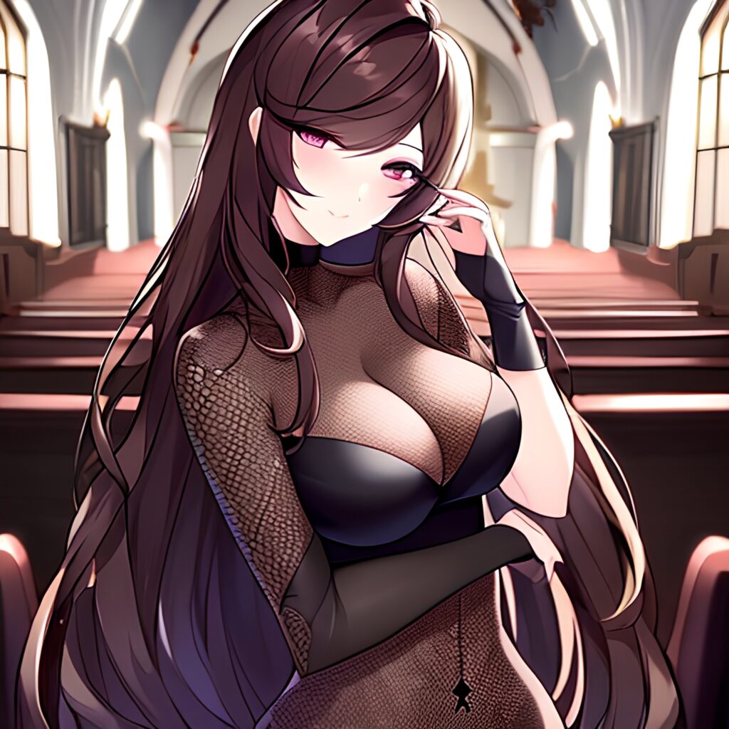 woman messy hair brunette church long hair fishnet 
