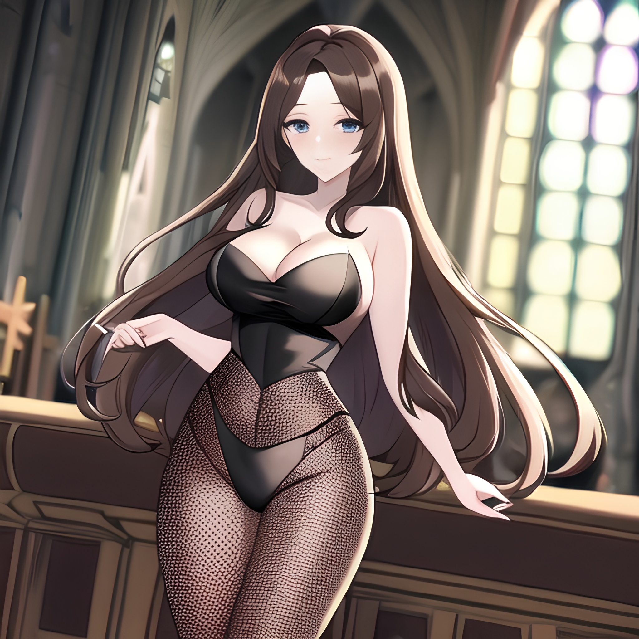 woman messy hair brunette church long hair fishnet