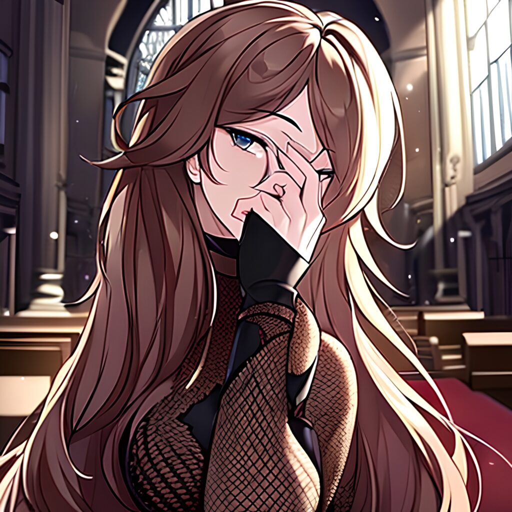woman messy hair brunette fishnet church long hair 