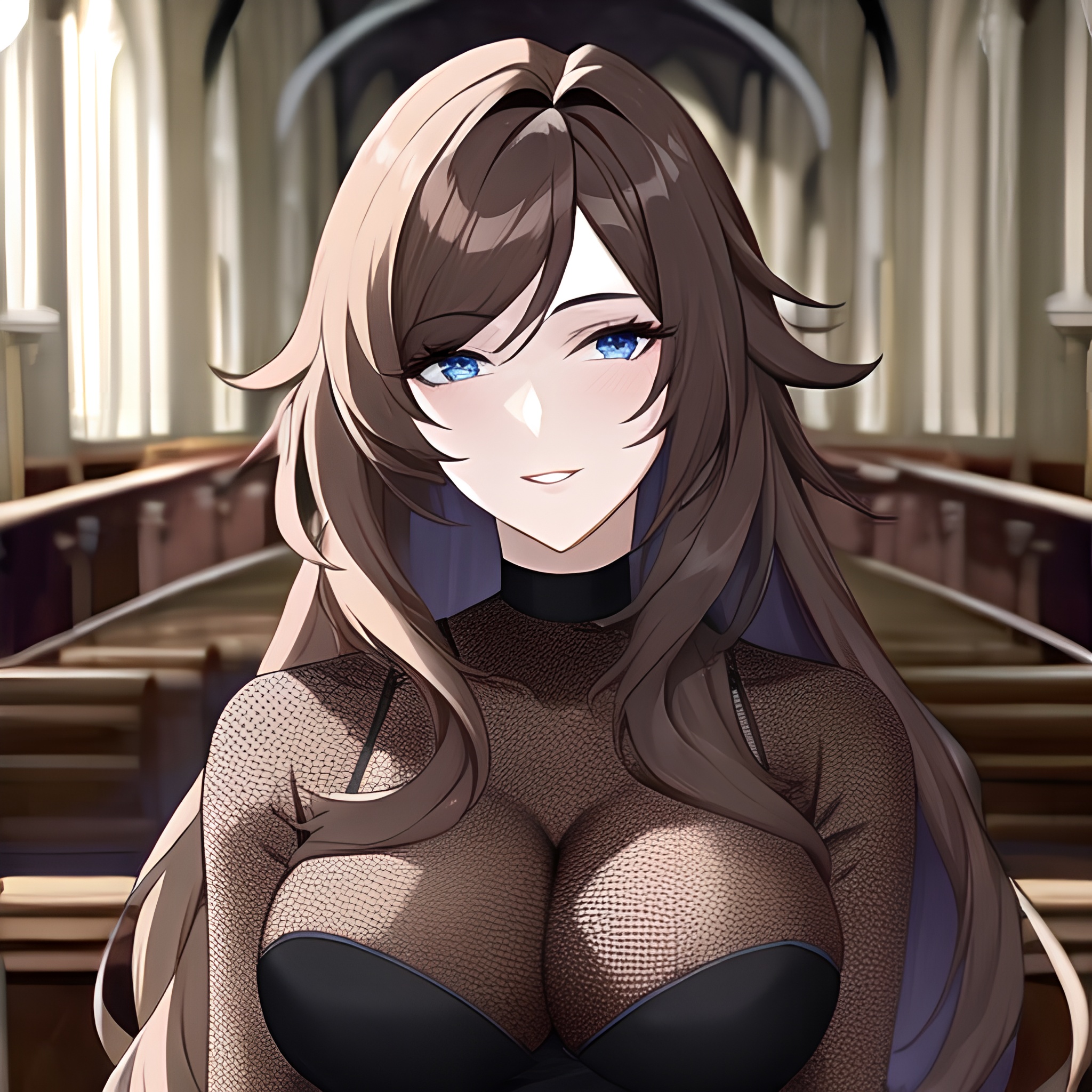 woman messy hair brunette fishnet church long hair 