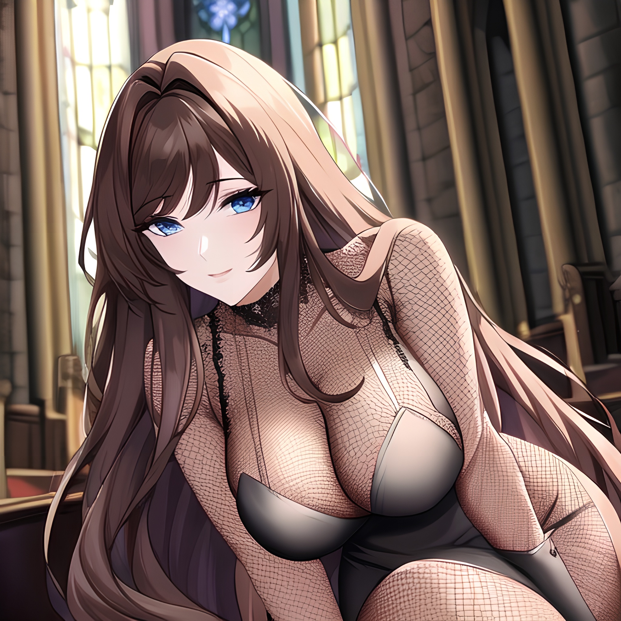 woman messy hair brunette fishnet long hair church