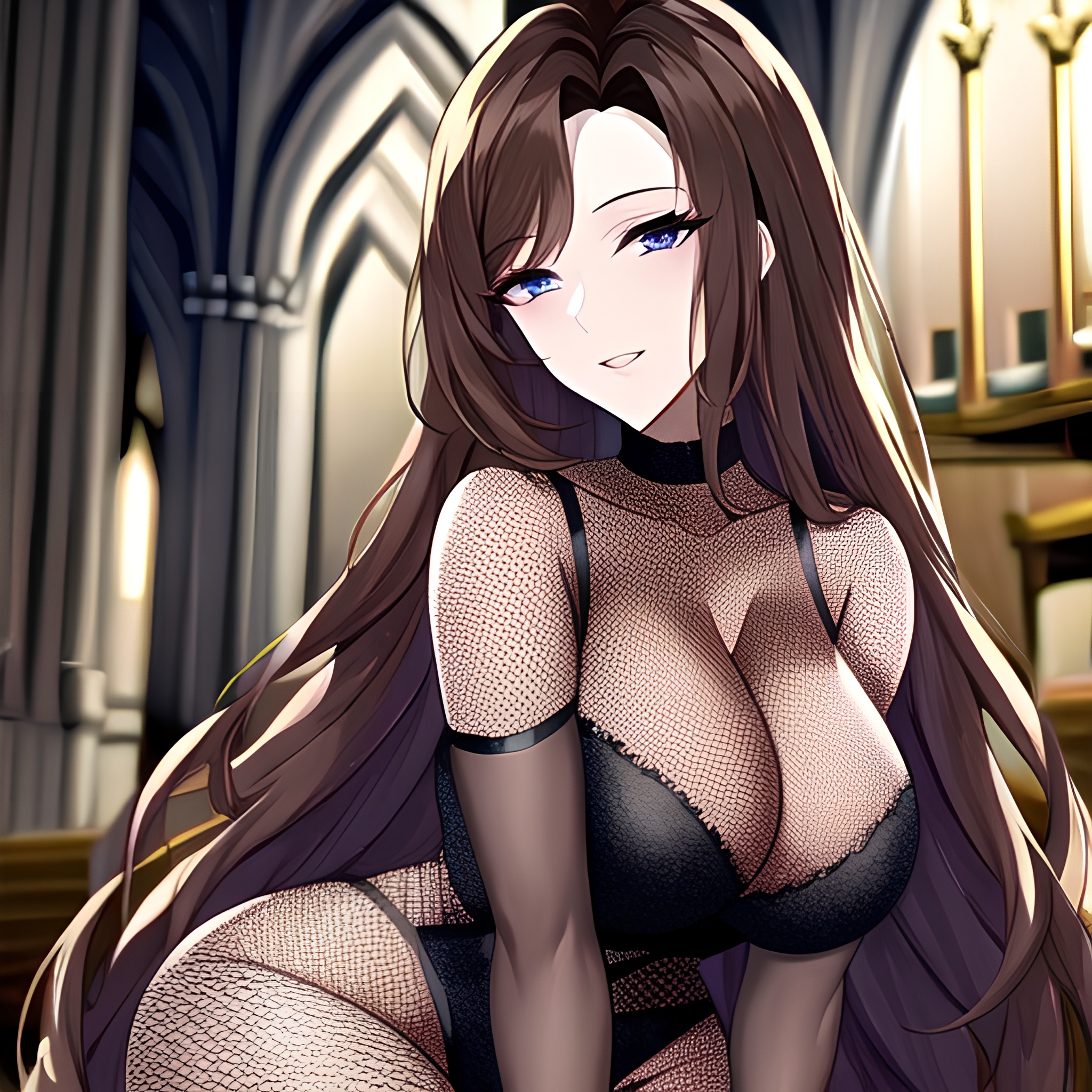 woman messy hair brunette fishnet long hair church 