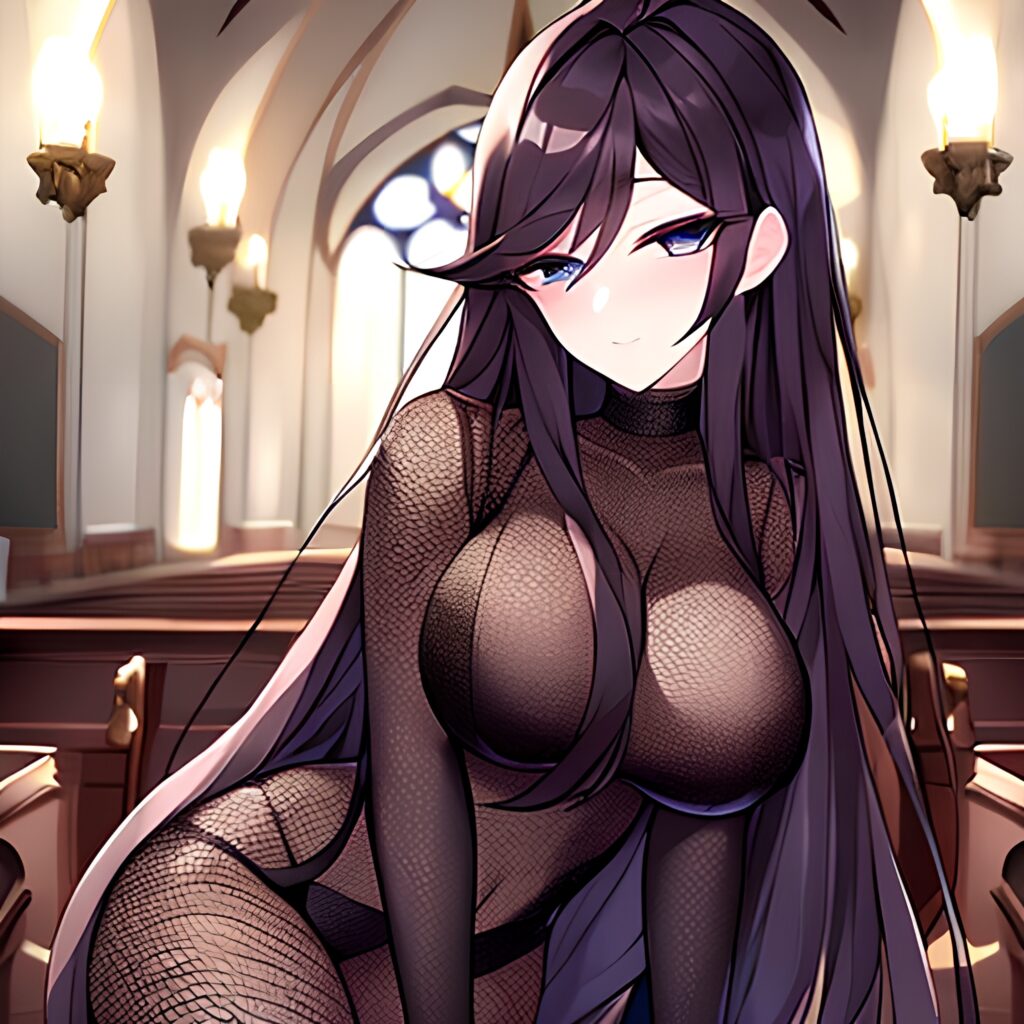 woman messy hair brunette fishnet long hair church 