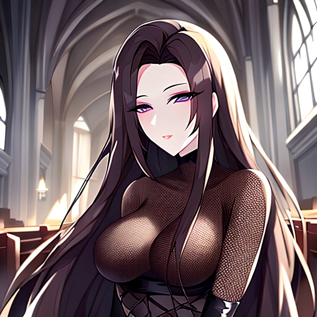 woman messy hair church brunette long hair fishnet