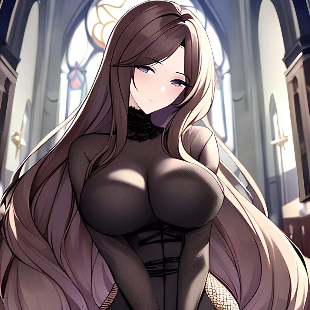 woman messy hair church fishnet brunette long hair
