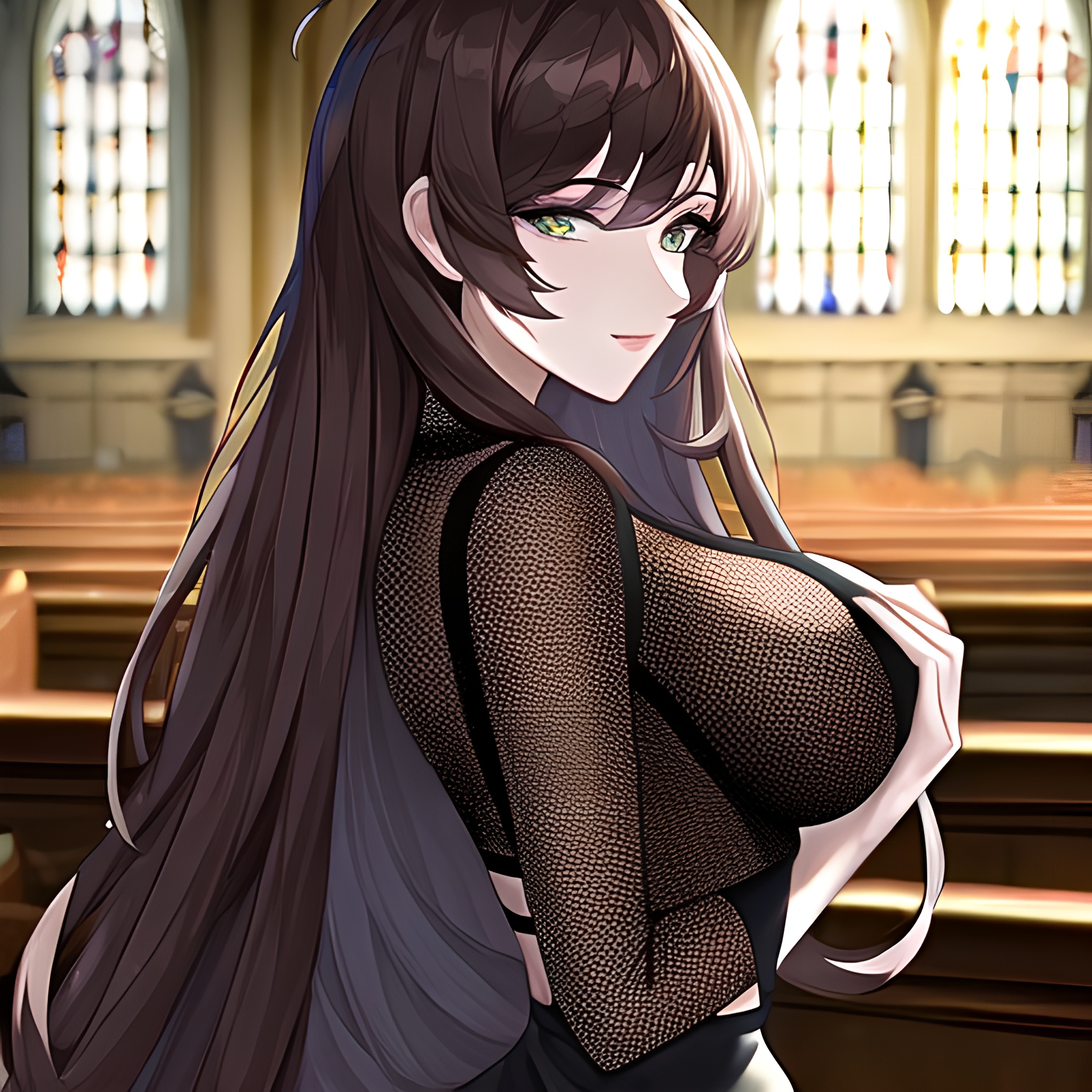 woman messy hair church fishnet brunette long hair