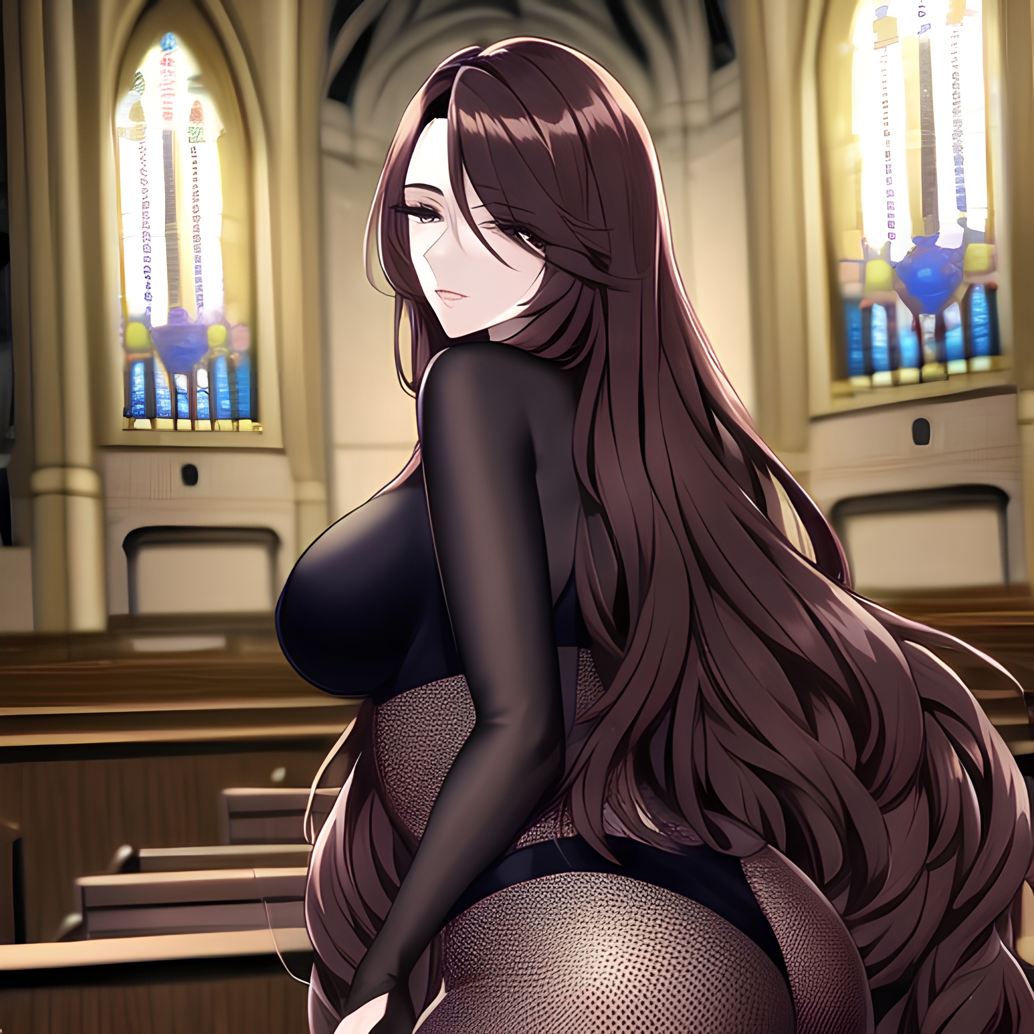 woman messy hair church fishnet brunette long hair