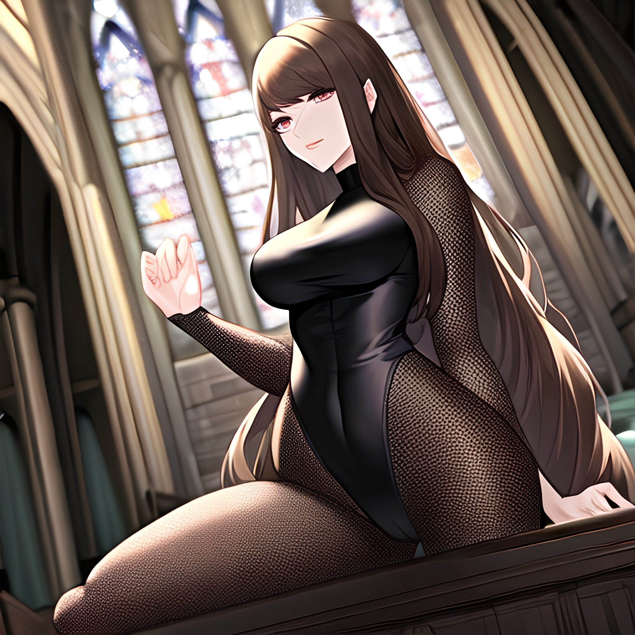 woman messy hair church fishnet brunette long hair