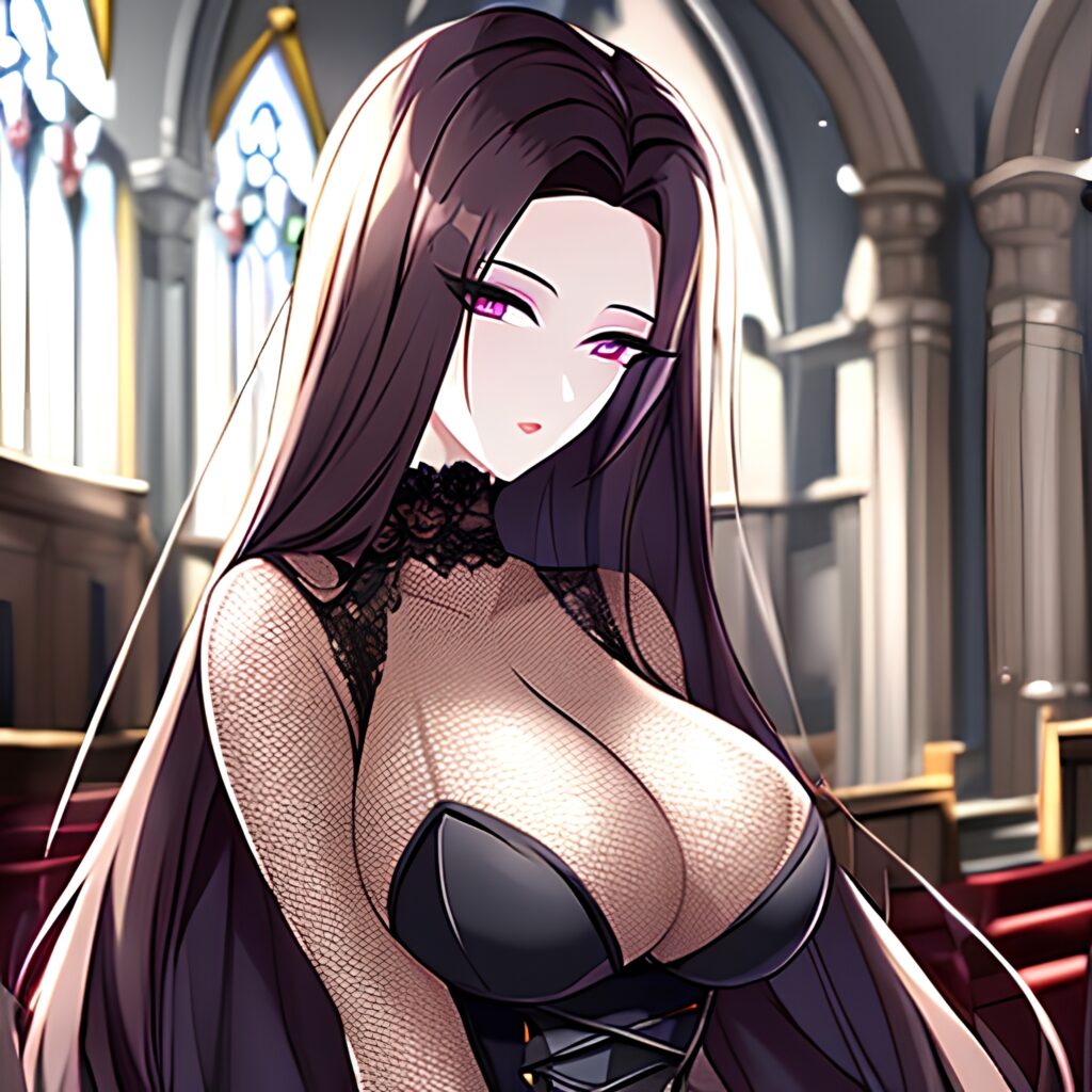 woman messy hair church fishnet long hair brunette