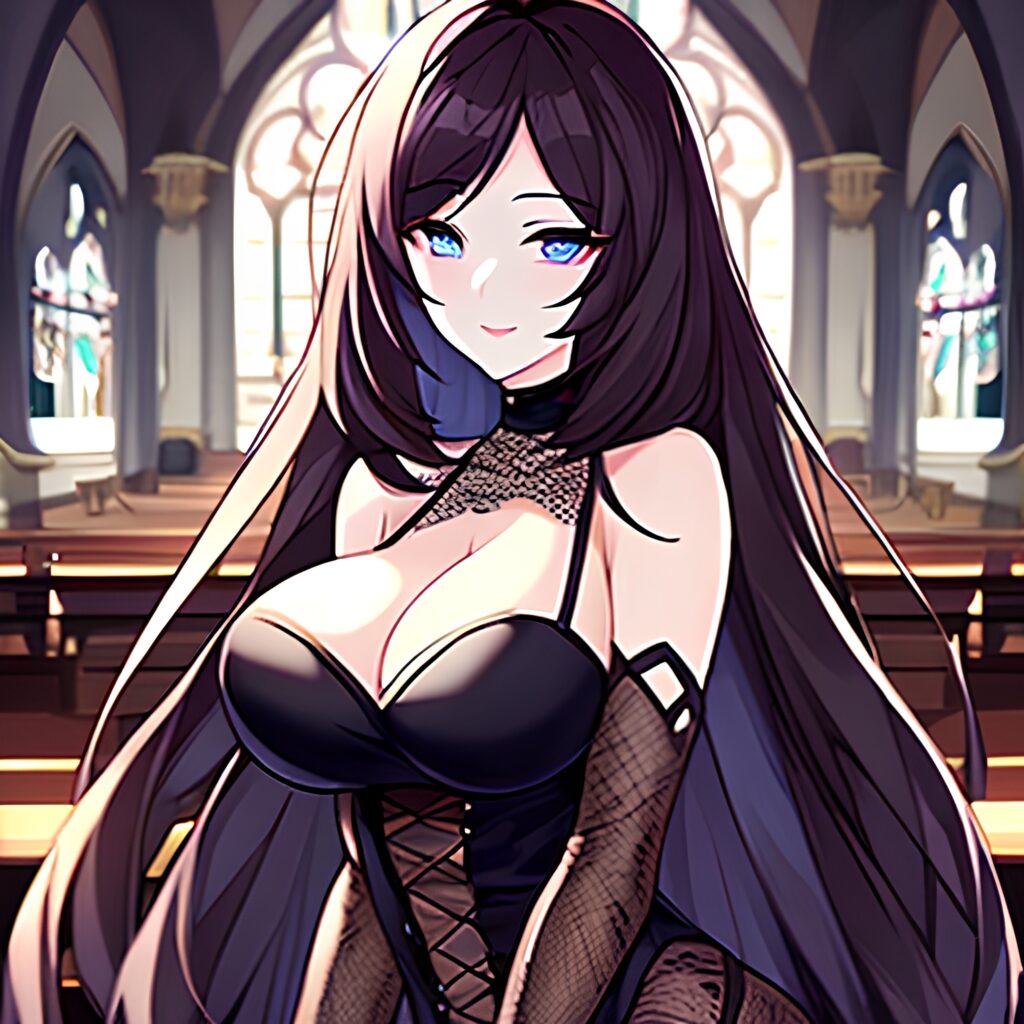 woman messy hair church fishnet long hair brunette