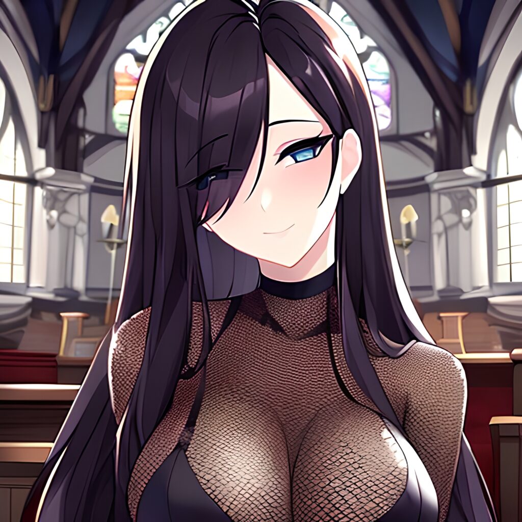 woman messy hair church fishnet long hair brunette