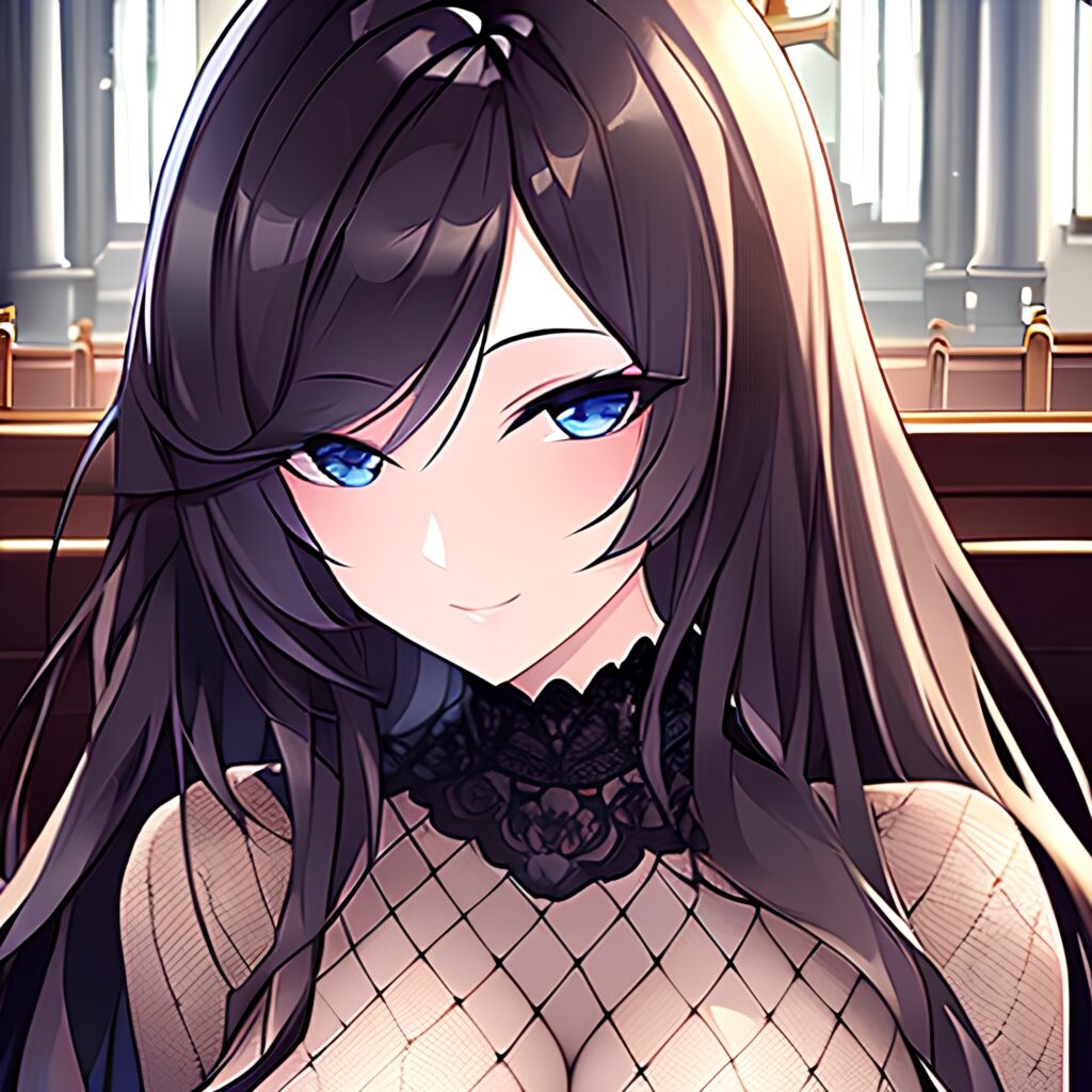 woman messy hair church fishnet long hair brunette