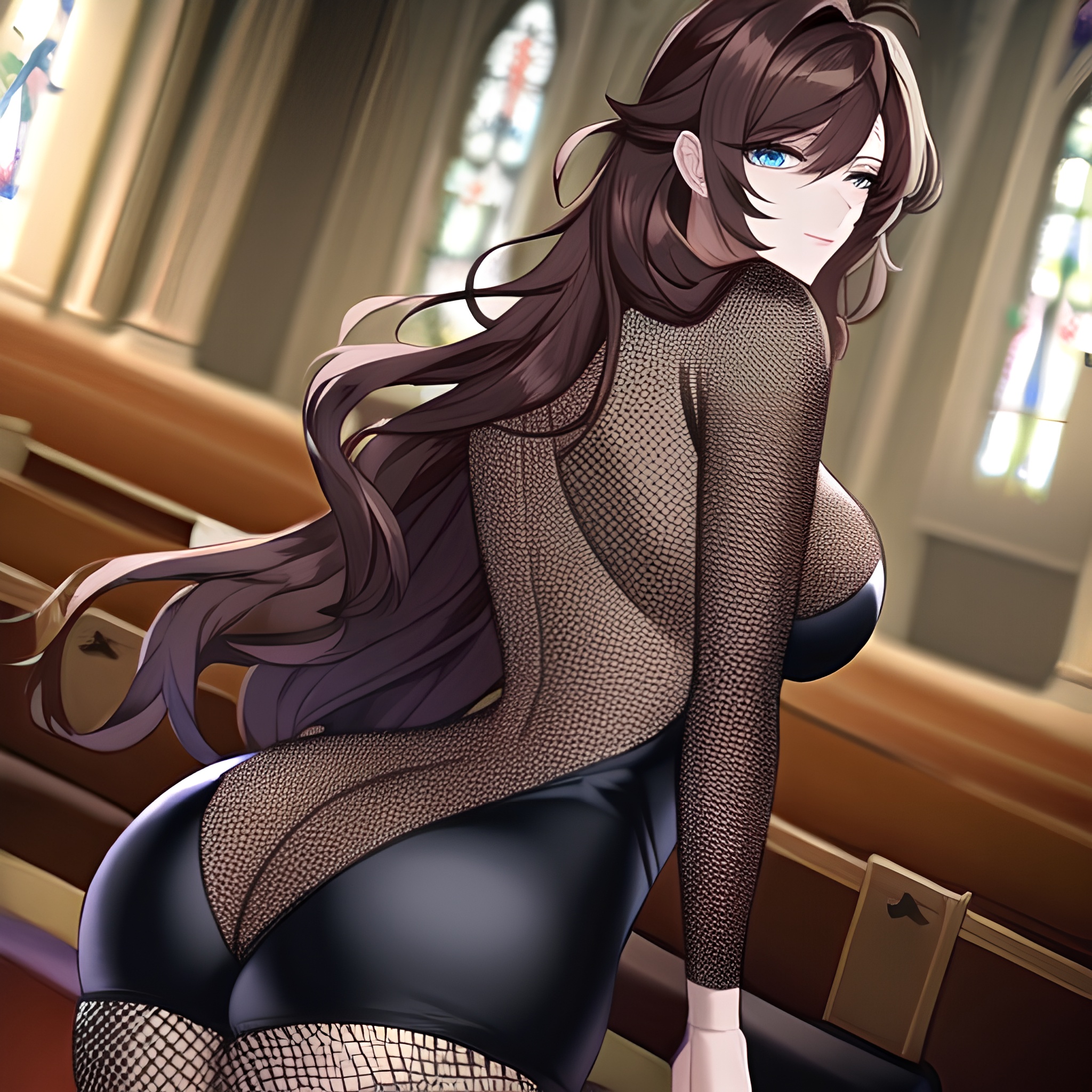 woman messy hair church fishnet long hair brunette 