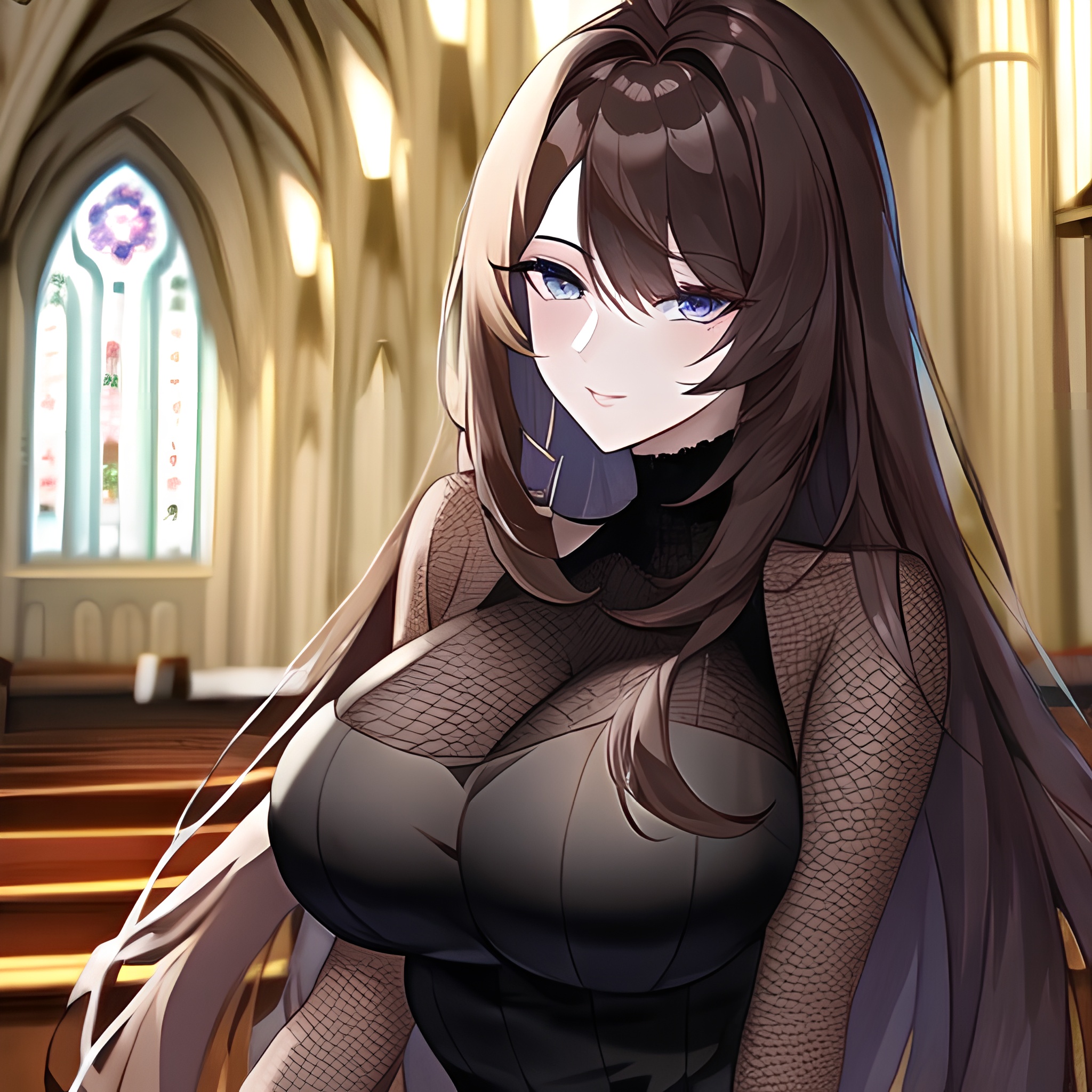 woman messy hair church fishnet long hair brunette