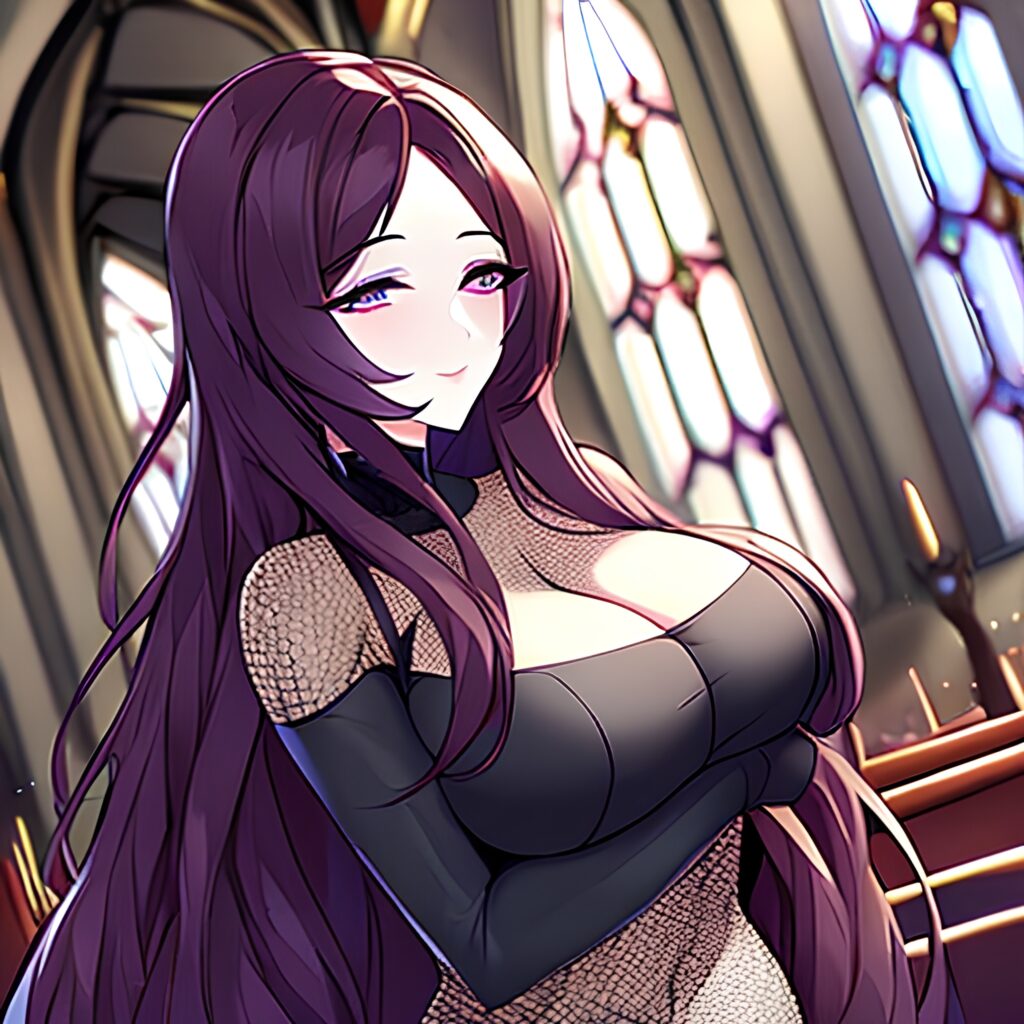 woman messy hair church fishnet long hair brunette