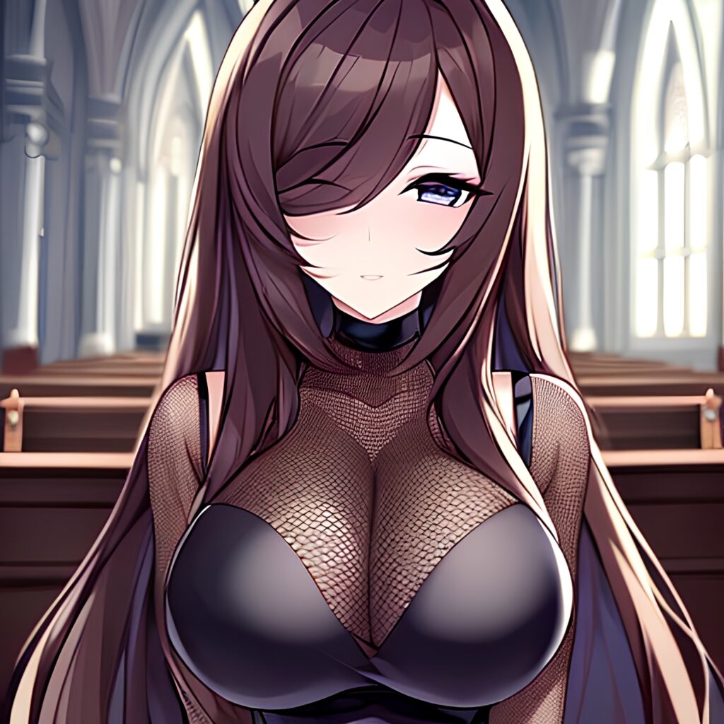 woman messy hair church long hair fishnet brunette