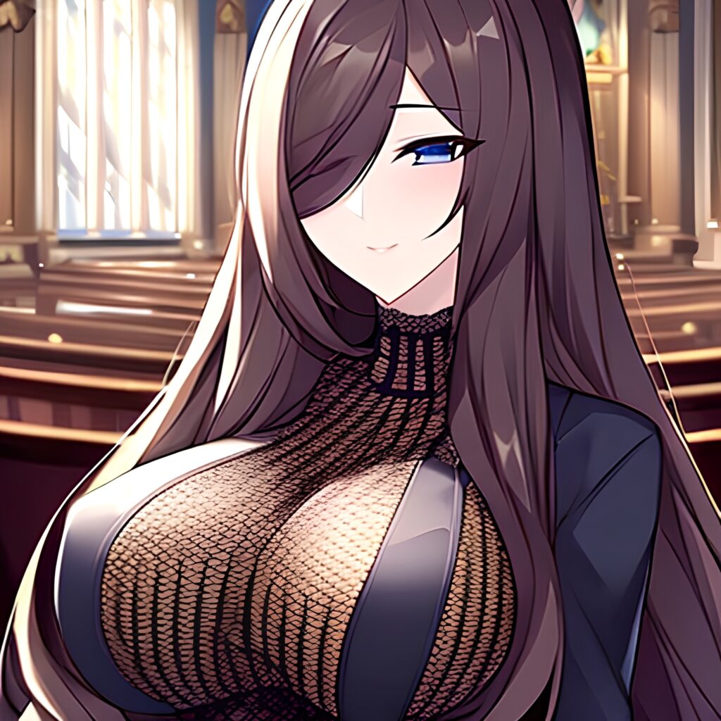 woman messy hair church long hair fishnet brunette