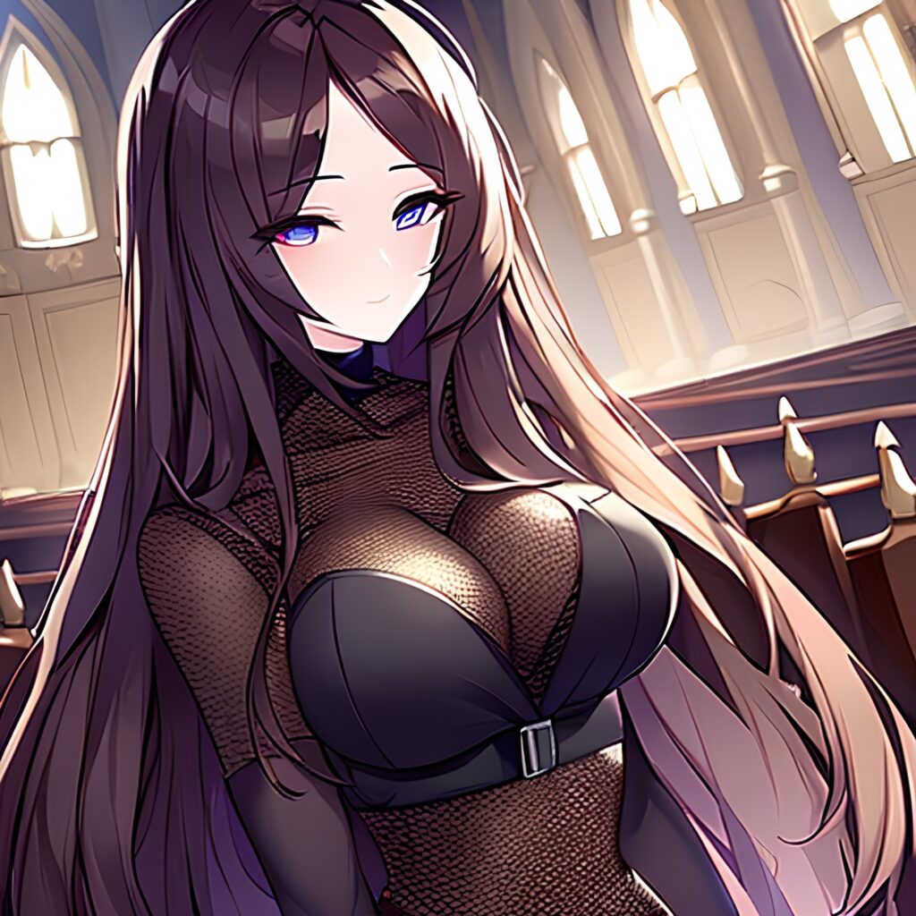 woman messy hair church long hair fishnet brunette