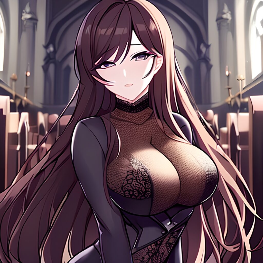 woman messy hair church long hair fishnet brunette