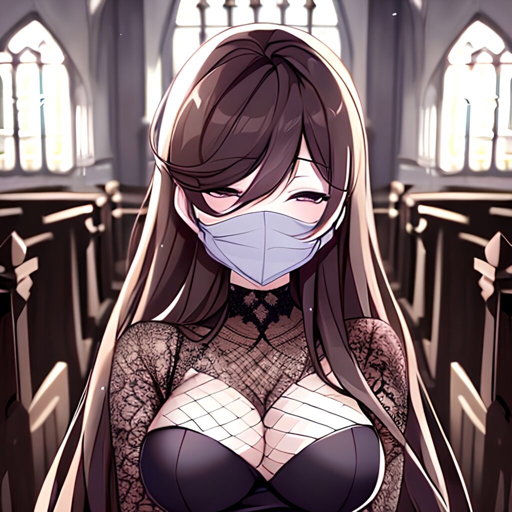 woman messy hair church long hair fishnet brunette