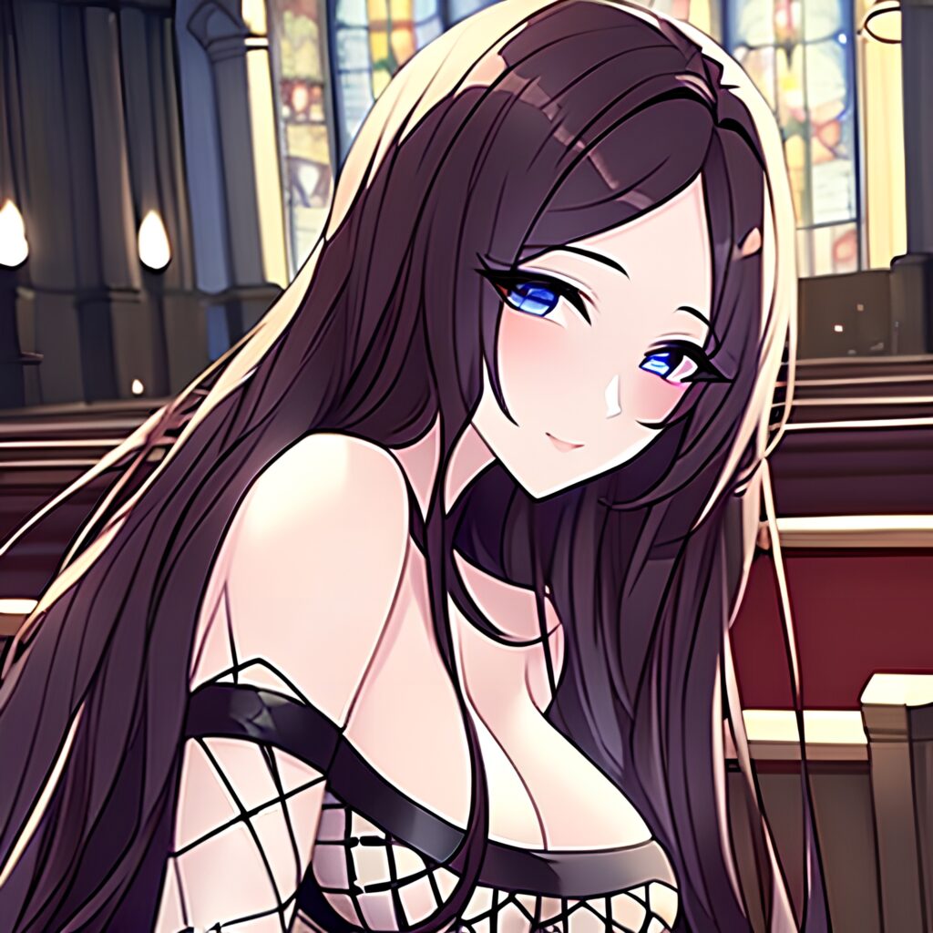 woman messy hair church long hair fishnet brunette