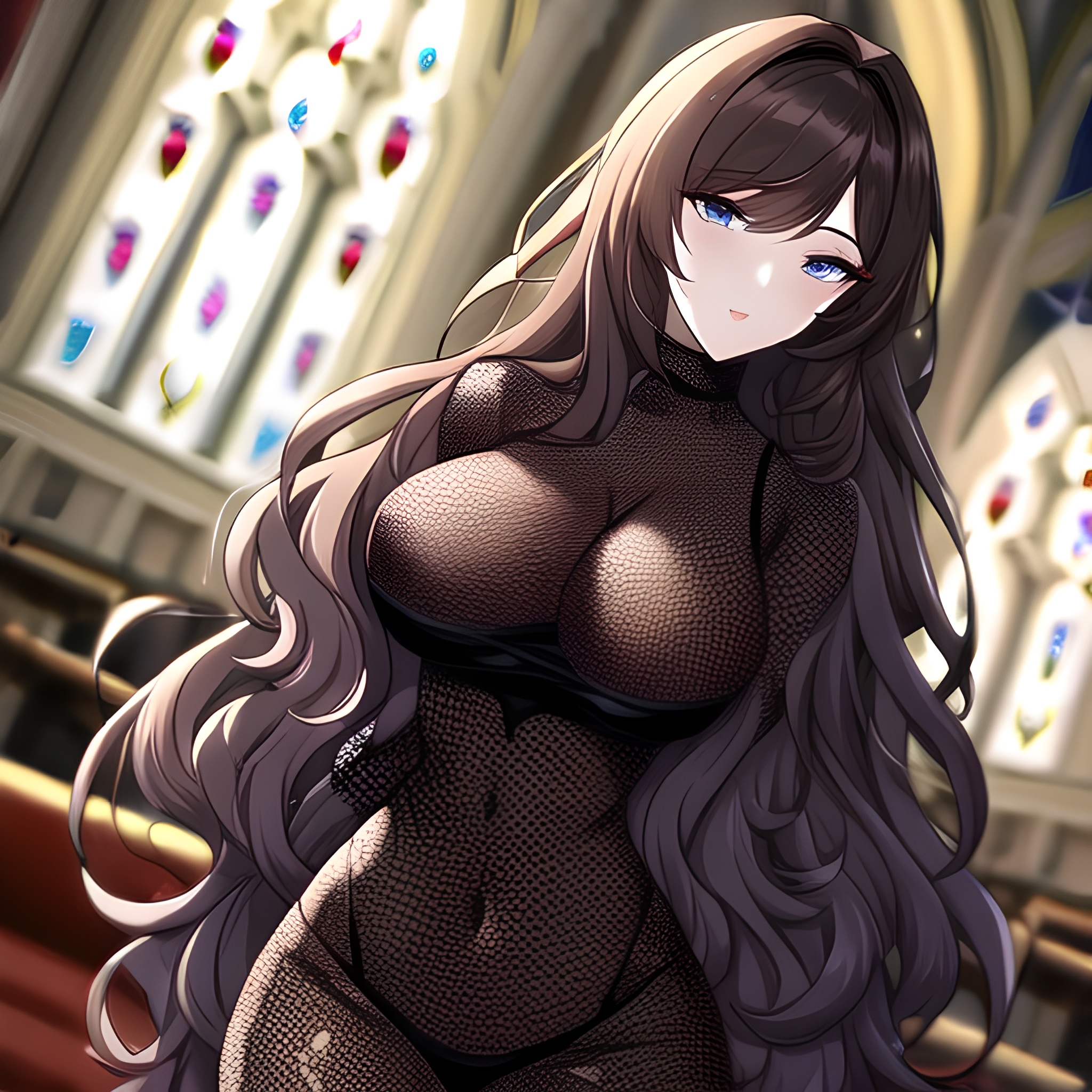 woman messy hair fishnet brunette church long hair
