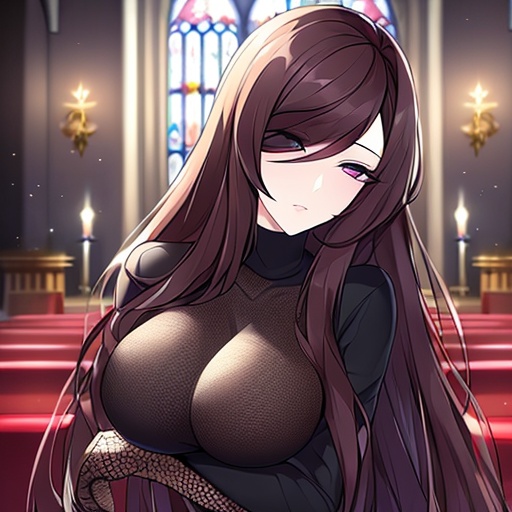 woman messy hair fishnet brunette long hair church 