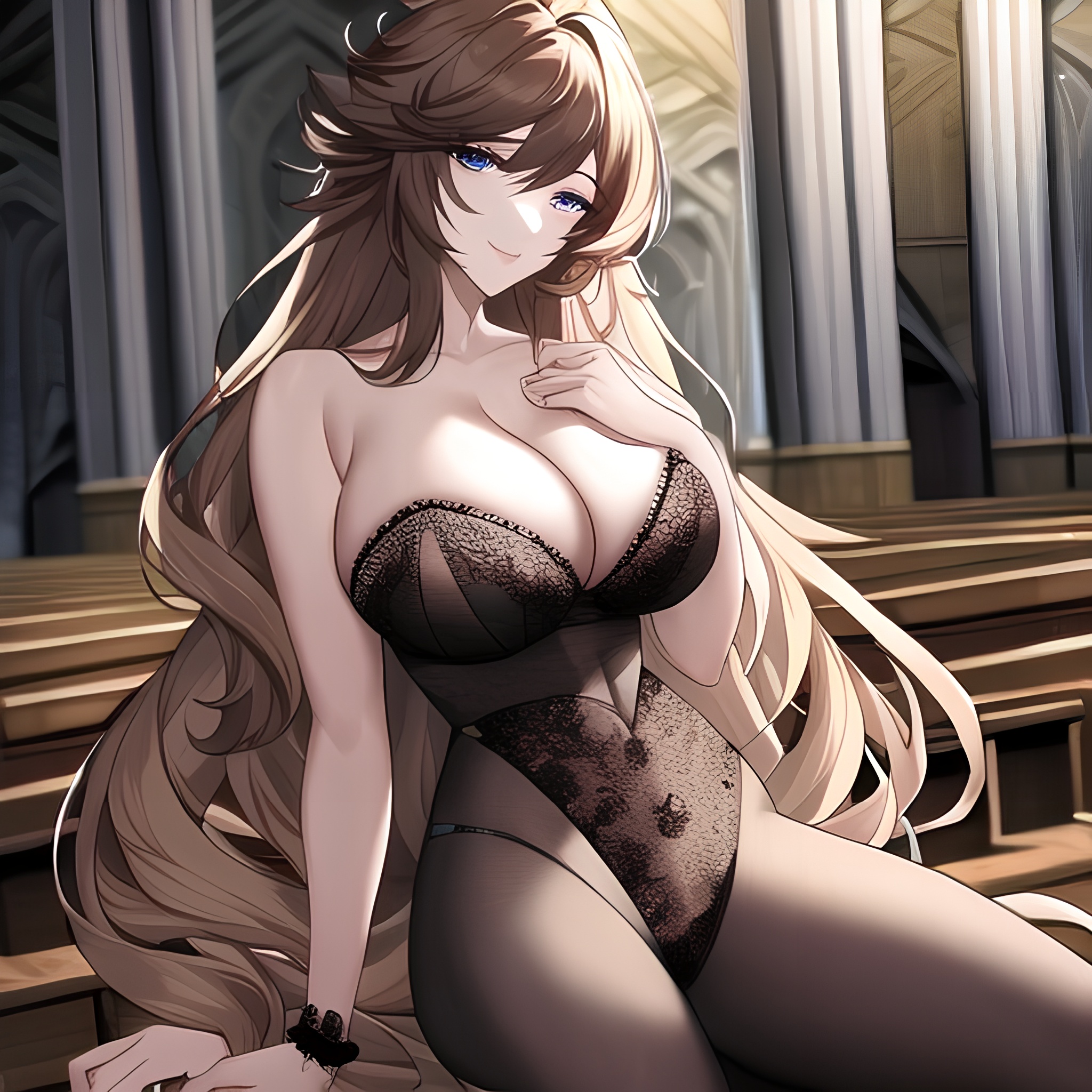 woman messy hair fishnet church long hair brunette 