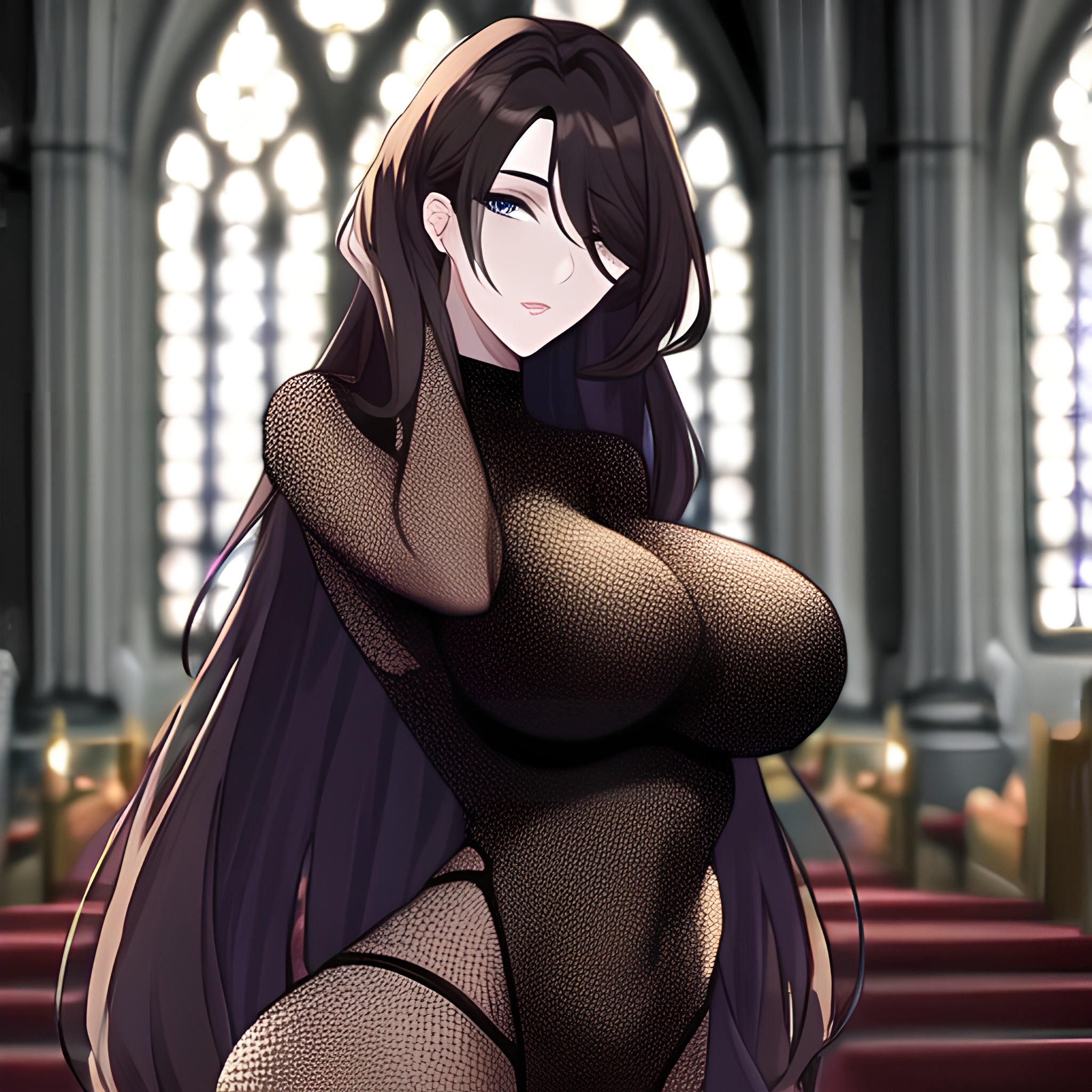 woman messy hair fishnet long hair brunette church