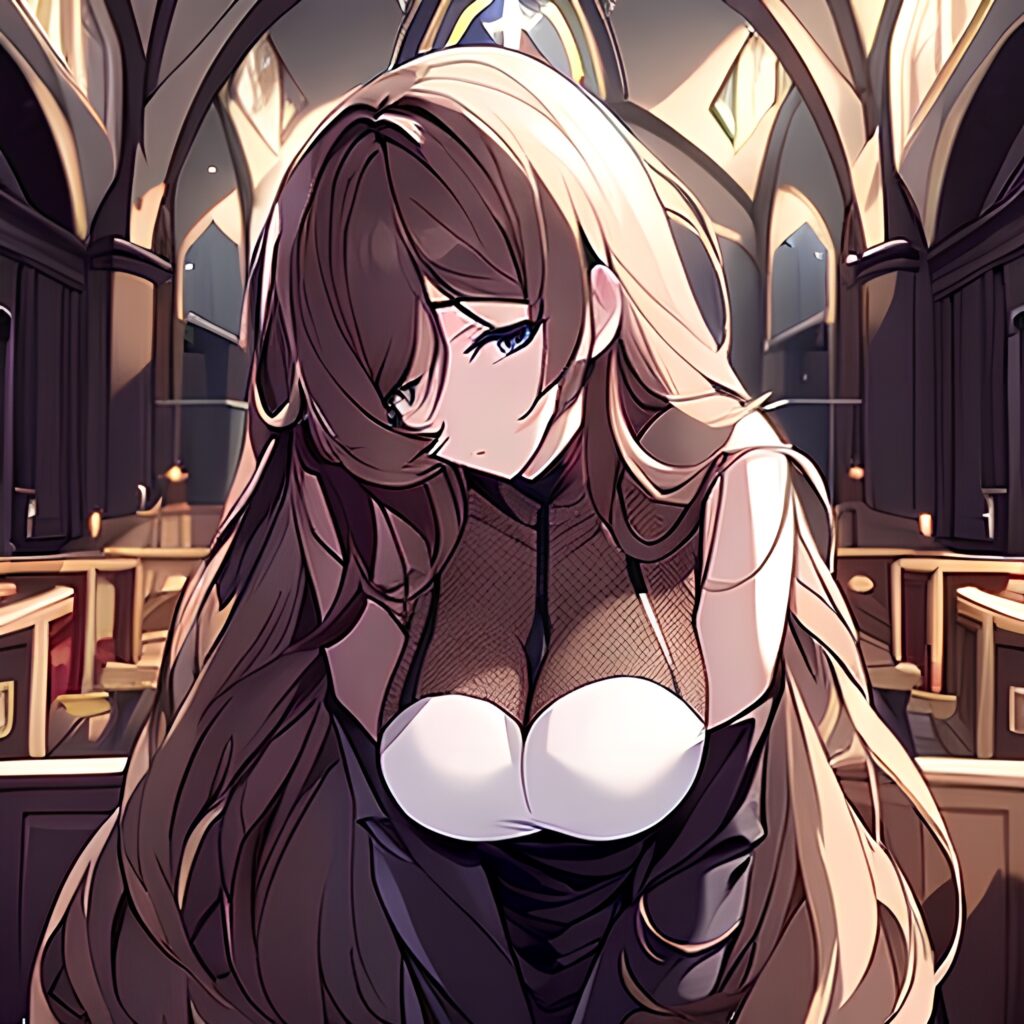 woman messy hair fishnet long hair brunette church