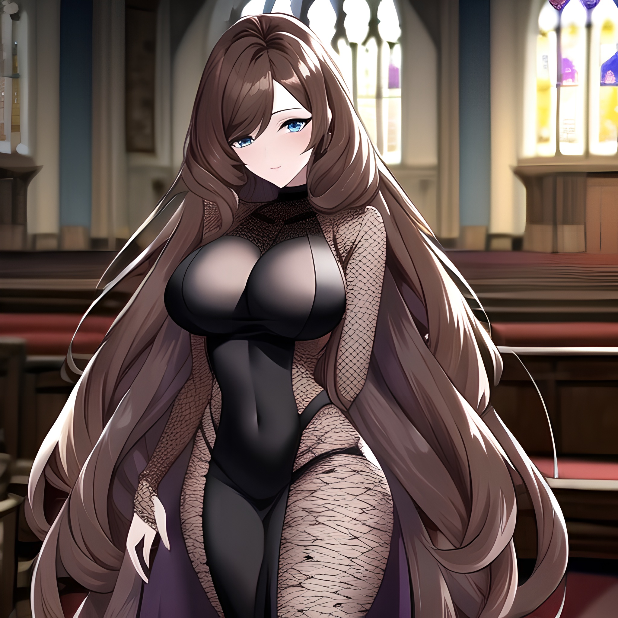 woman messy hair fishnet long hair church brunette 