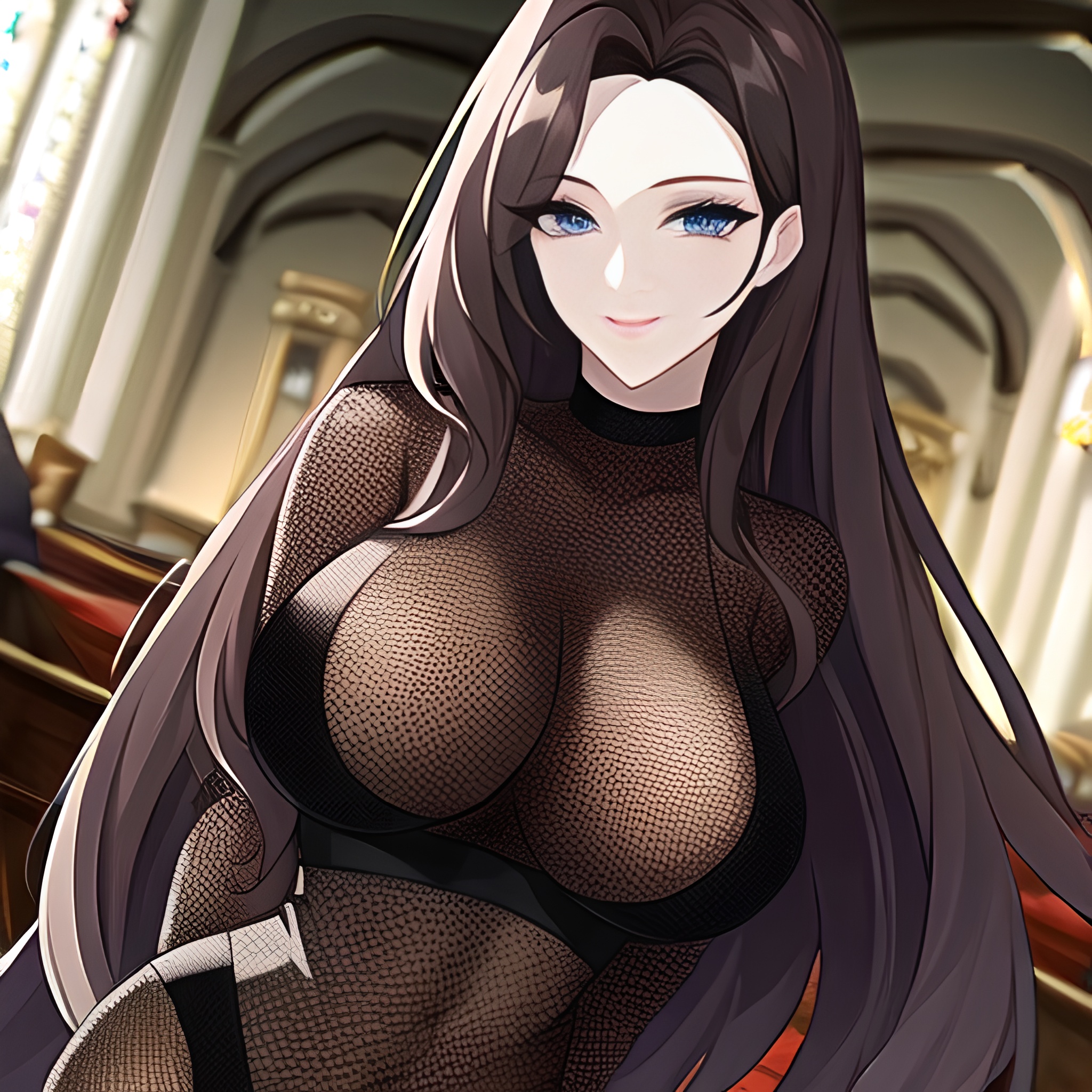 woman messy hair long hair brunette church fishnet 