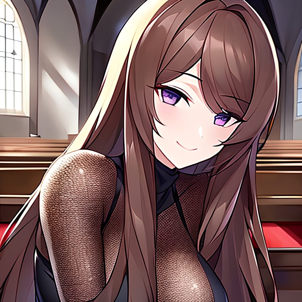 woman messy hair long hair brunette church fishnet