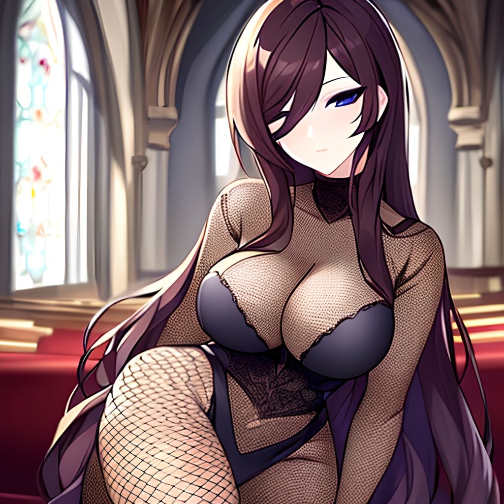 woman messy hair long hair brunette church fishnet 