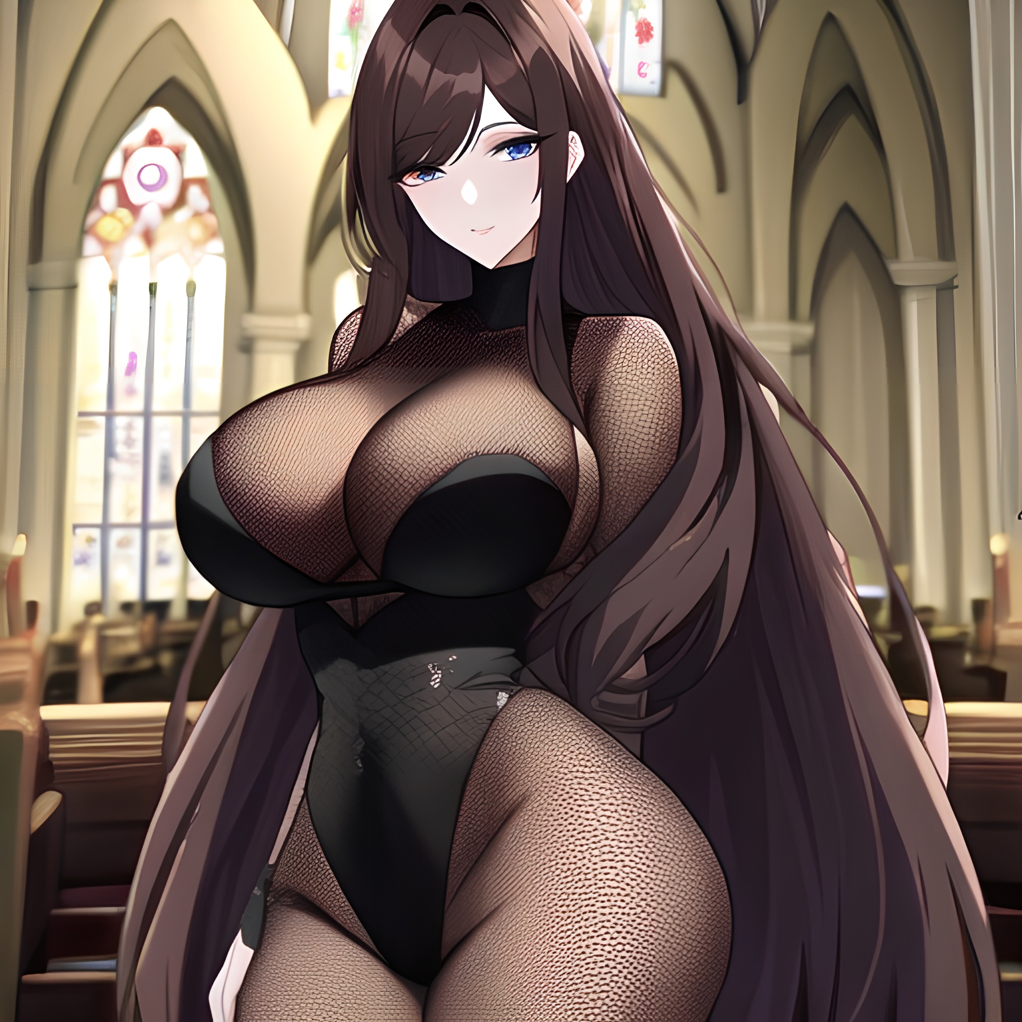 woman messy hair long hair brunette fishnet church 