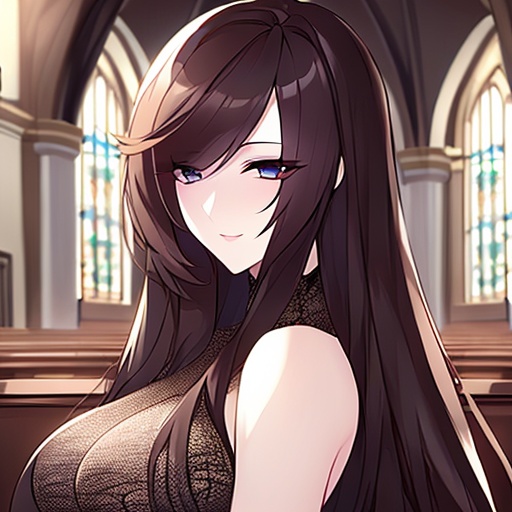 woman messy hair long hair church brunette fishnet