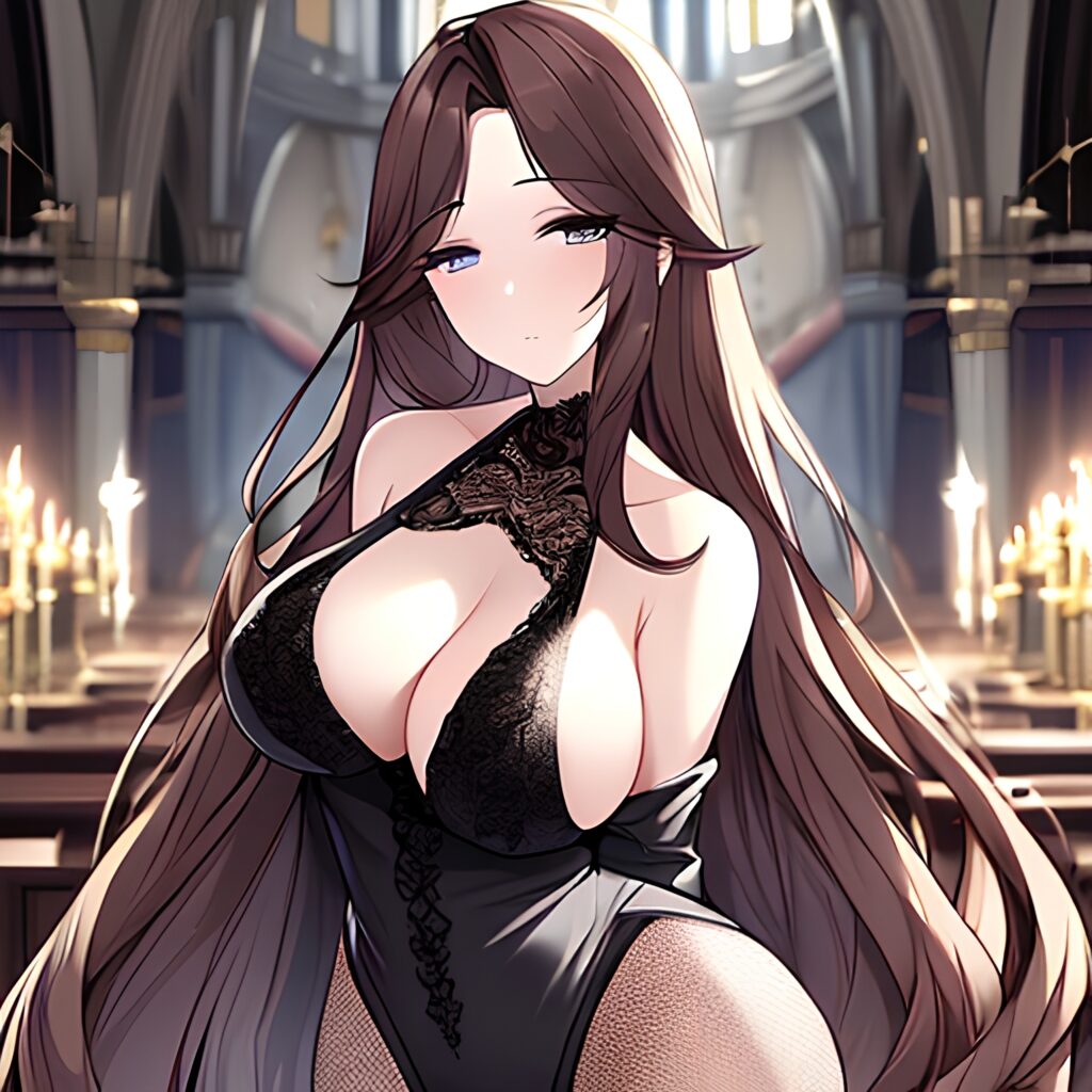 woman messy hair long hair church brunette fishnet