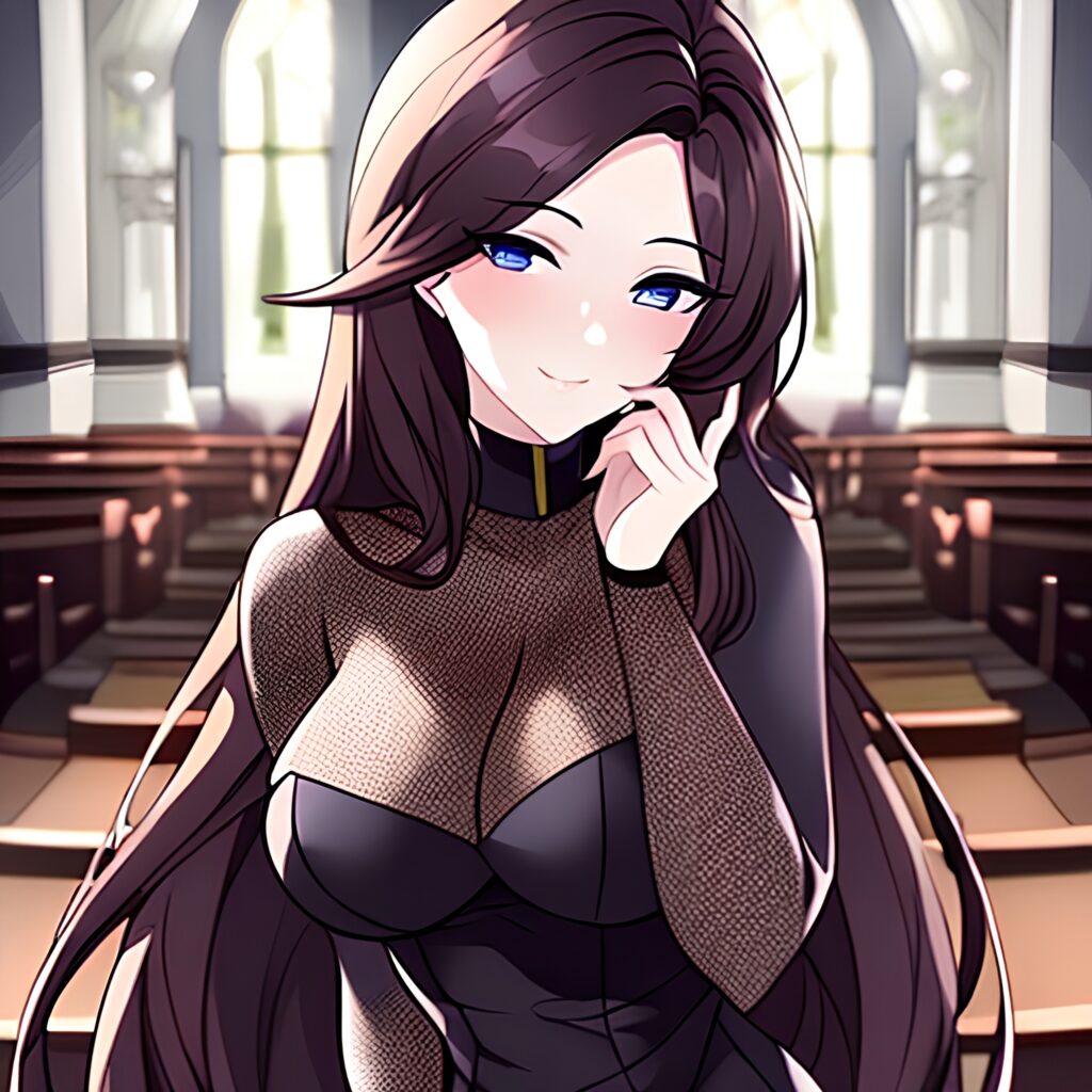 woman messy hair long hair church fishnet brunette