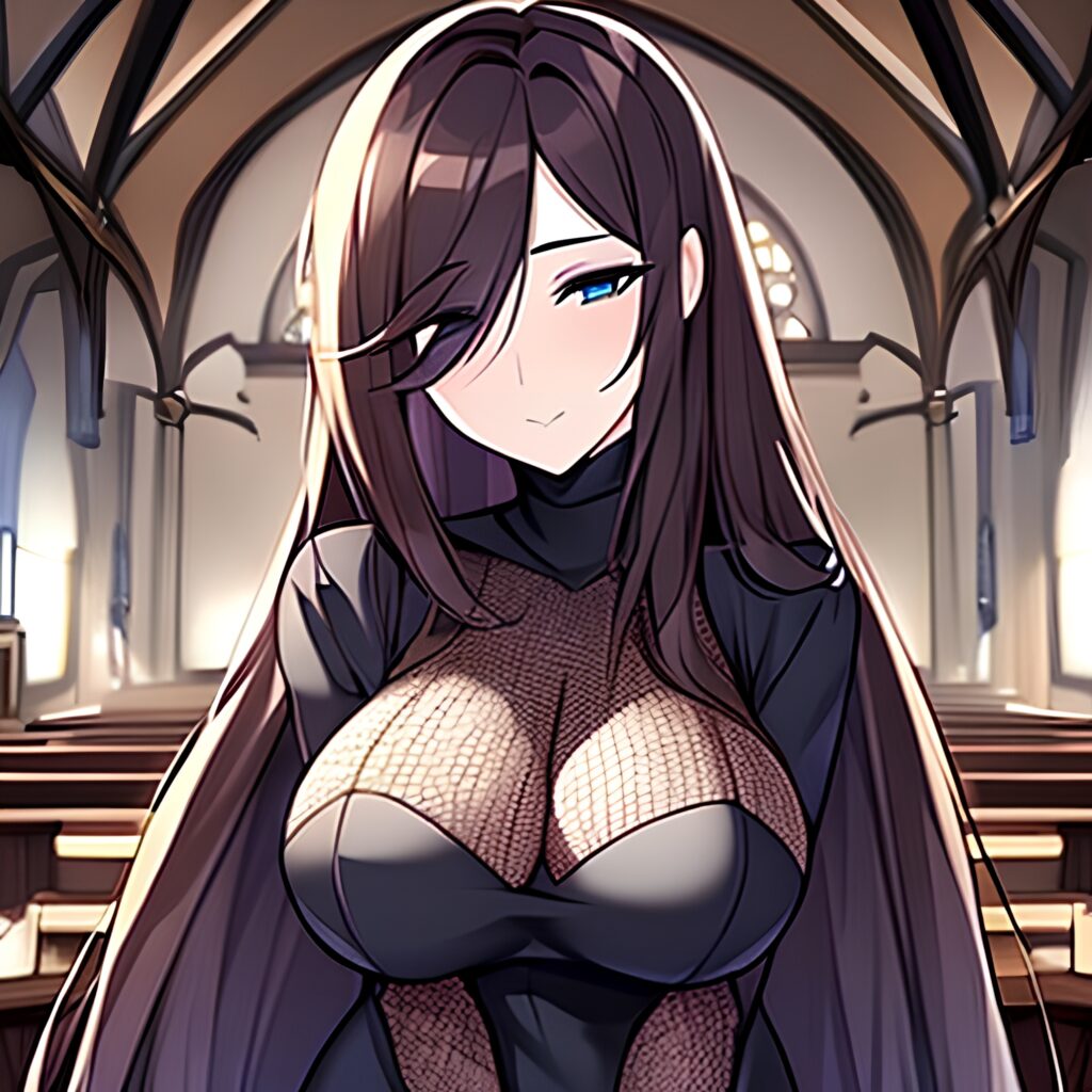 woman messy hair long hair church fishnet brunette